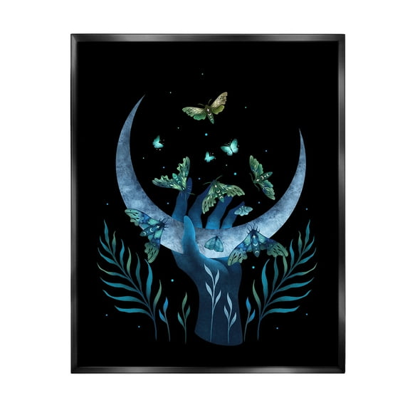 Stupell Industries Holding Moon with Moths Animals & Insects Painting Black Floater Framed Canvas Art Print Wall Art, 17 x 21