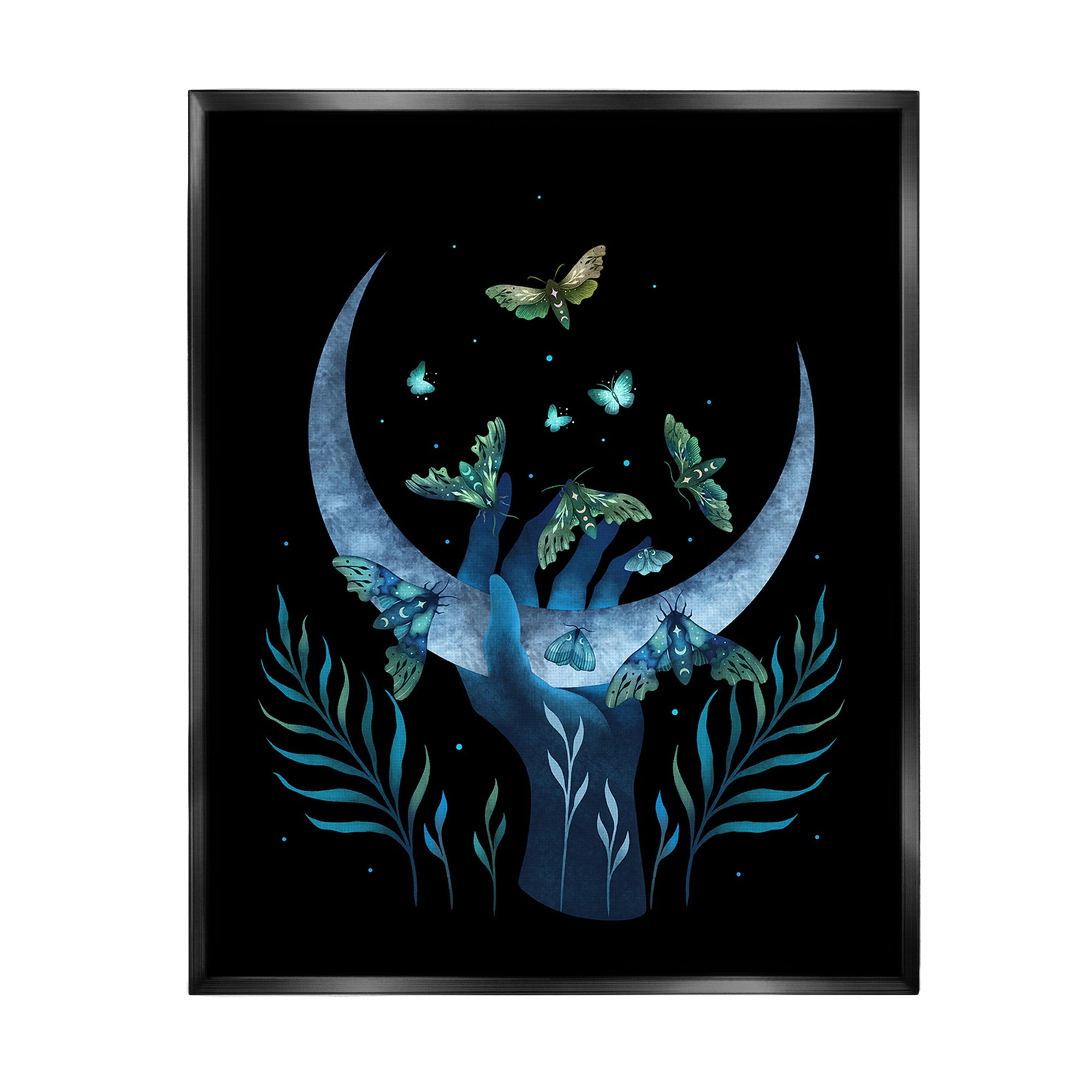Stupell Industries Holding Moon with Moths Animals & Insects Painting Black Floater Framed Canvas Art Print Wall Art, 25 x 31