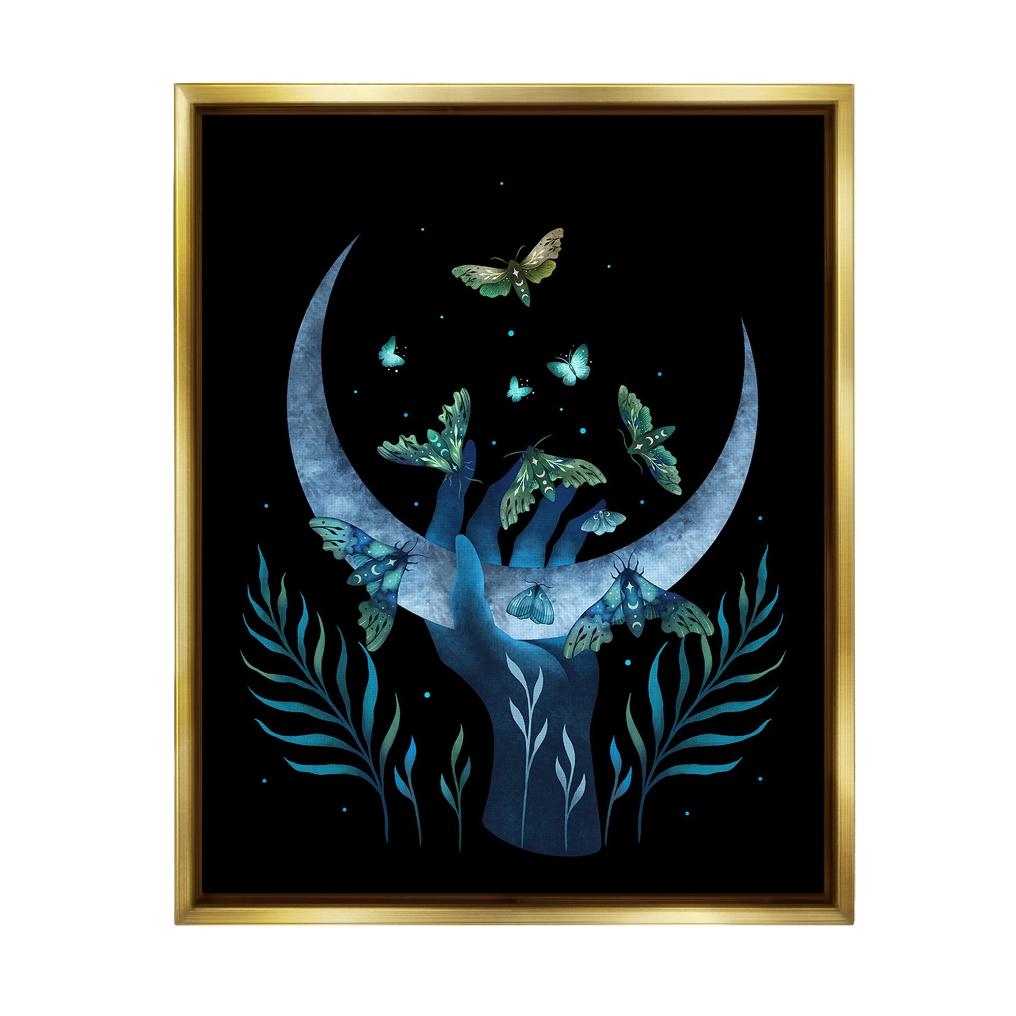 Stupell Industries Holding Moon with Moths Animals & Insects Painting Gold Floater Framed Canvas Art Print Wall Art, 25 x 31