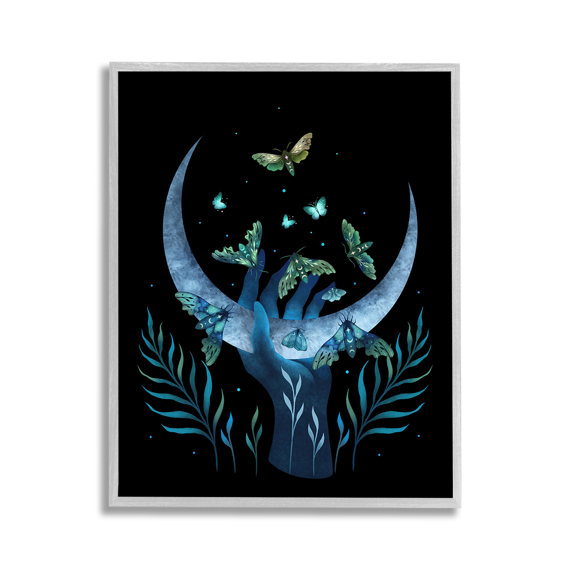 Stupell Industries Holding Moon with Moths Animals & Insects Painting Gray Framed Art Print Wall Art, 11 x 14
