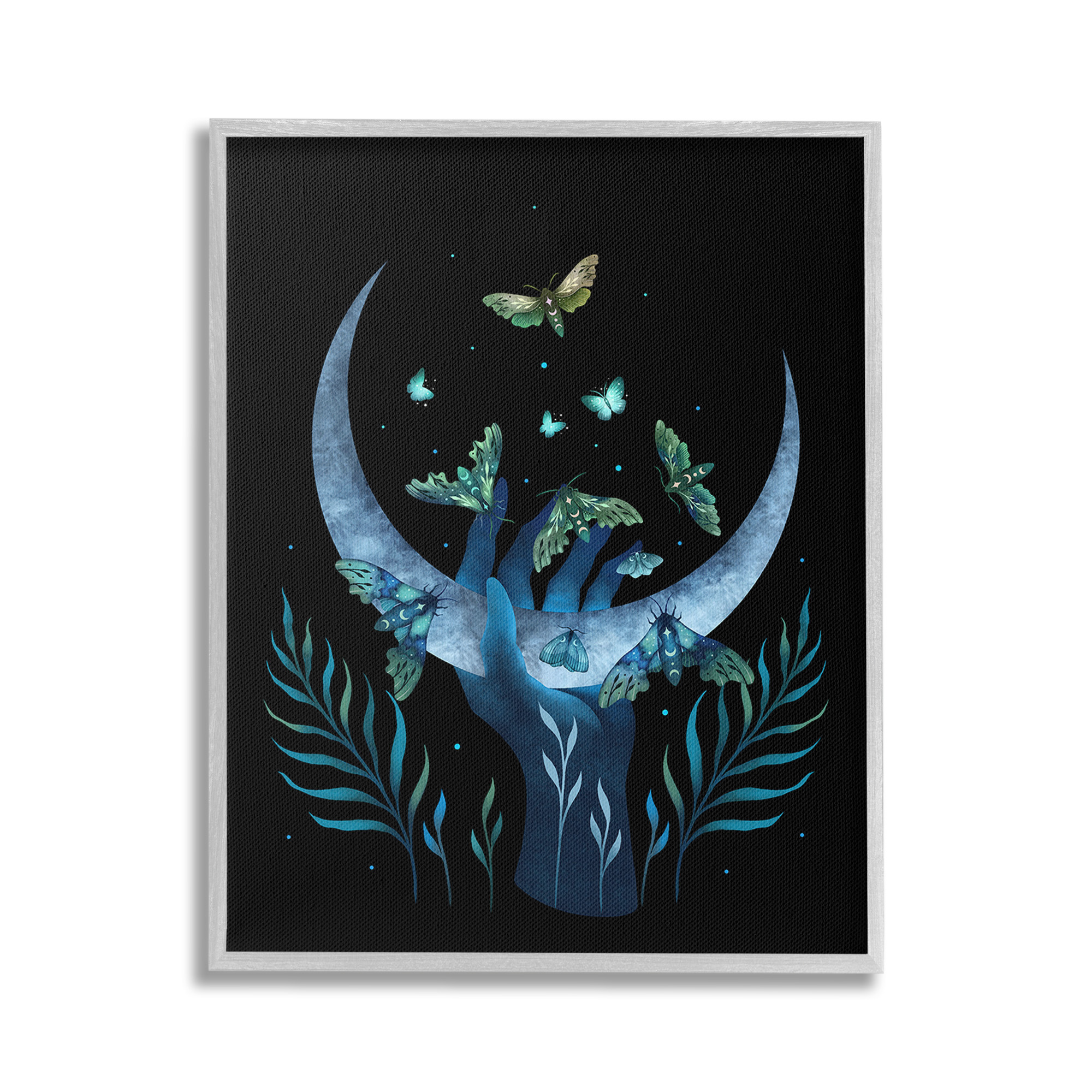 Stupell Industries Holding Moon with Moths Animals & Insects Painting Gray Framed Art Print Wall Art, 16 x 20