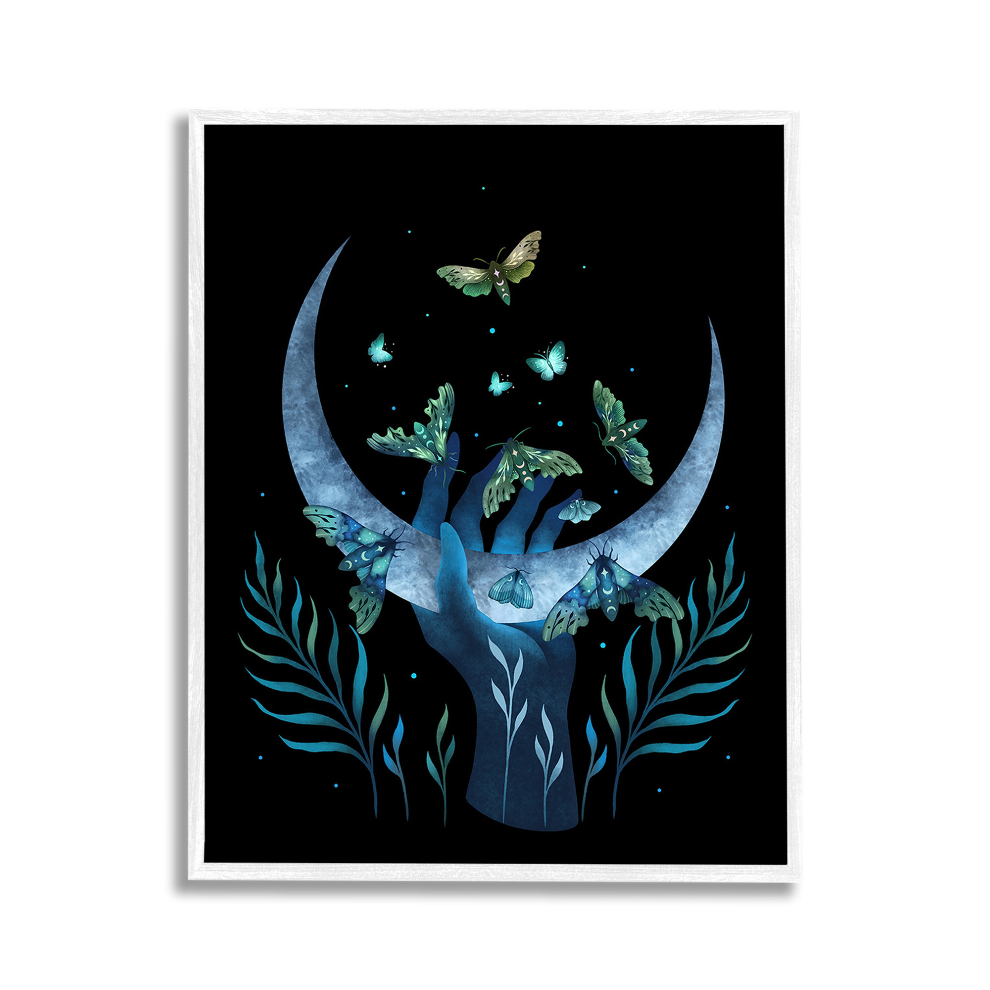 Stupell Industries Holding Moon with Moths Animals & Insects Painting White Framed Art Print Wall Art, 11 x 14
