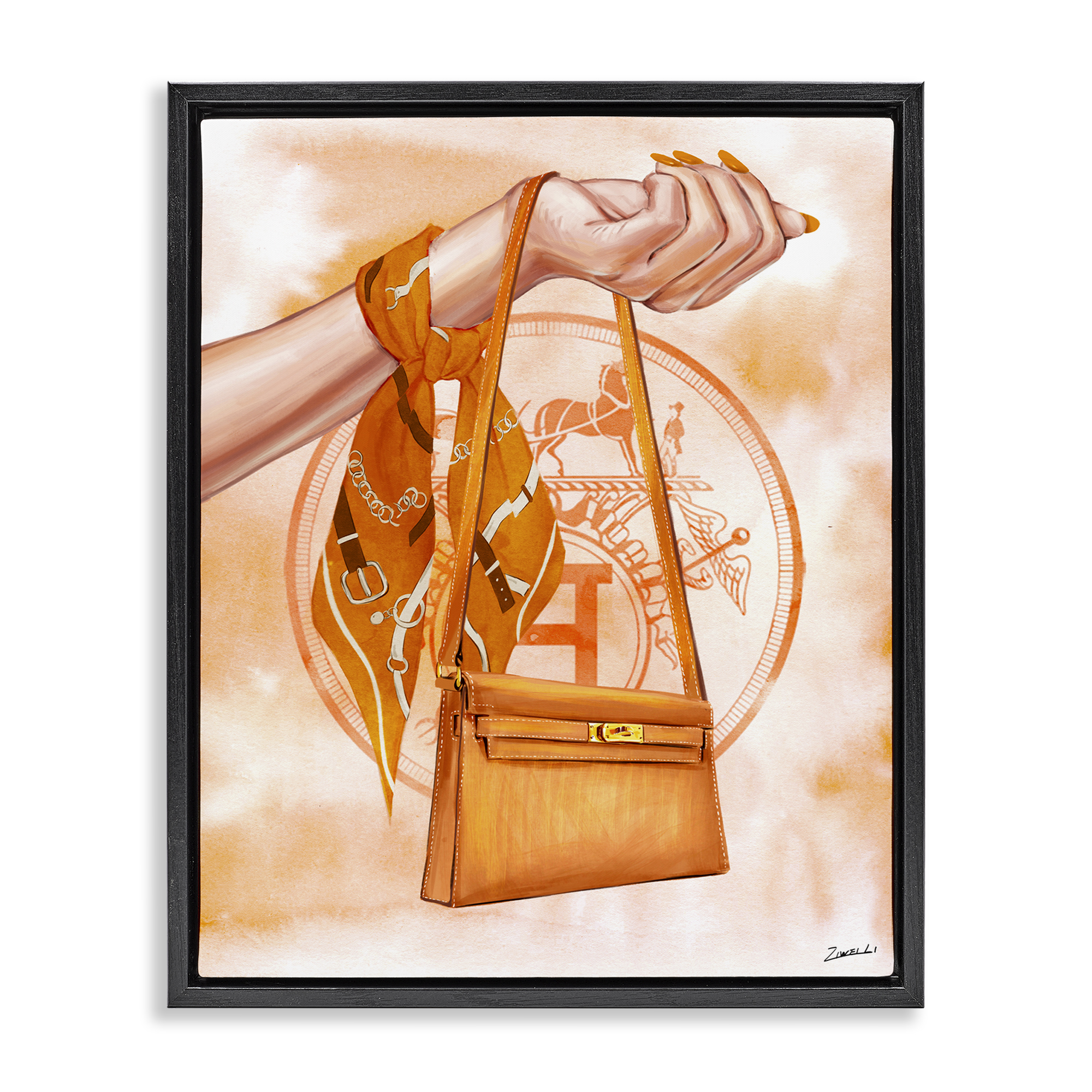 Stupell Industries Holding Orange Handbag Fashion Painting Black Floater Framed Canvas Art Print Wall Art, 25 x 31