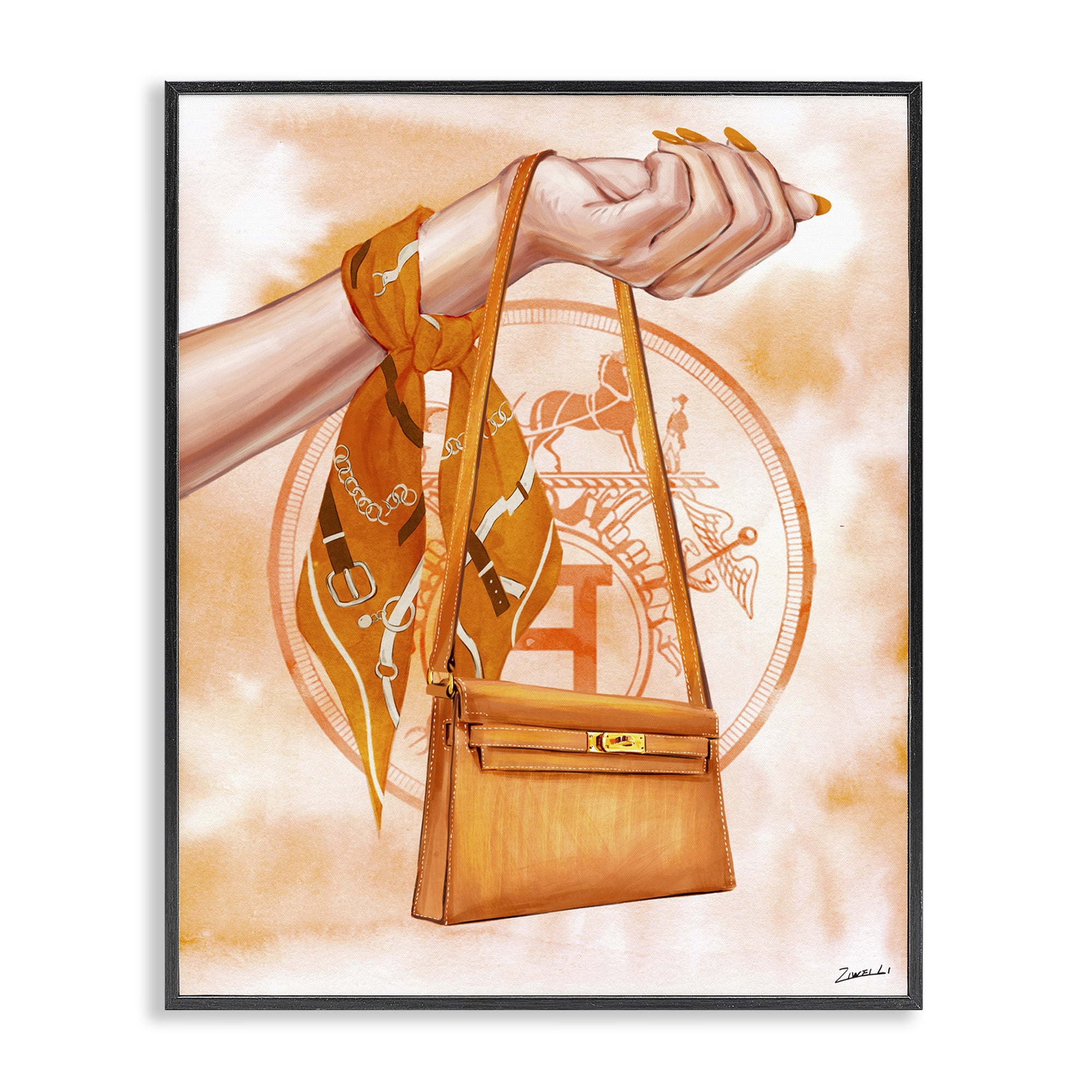 Stupell Industries Holding Orange Handbag Fashion Painting Black Framed Art Print Wall Art, 24 x 30