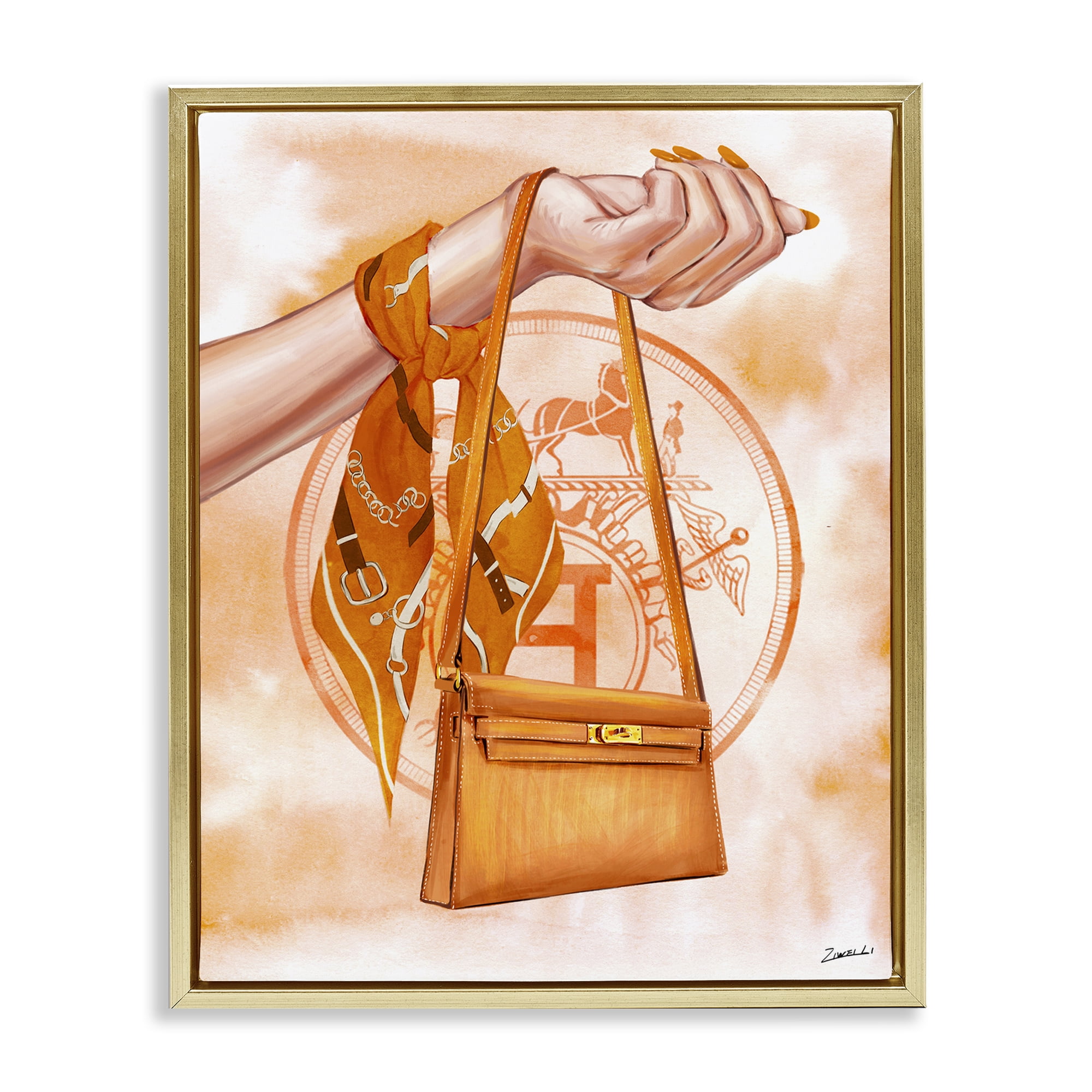 Stupell Industries Holding Orange Handbag Fashion Painting Gold Floater Framed Canvas Art Print Wall Art, 25 x 31