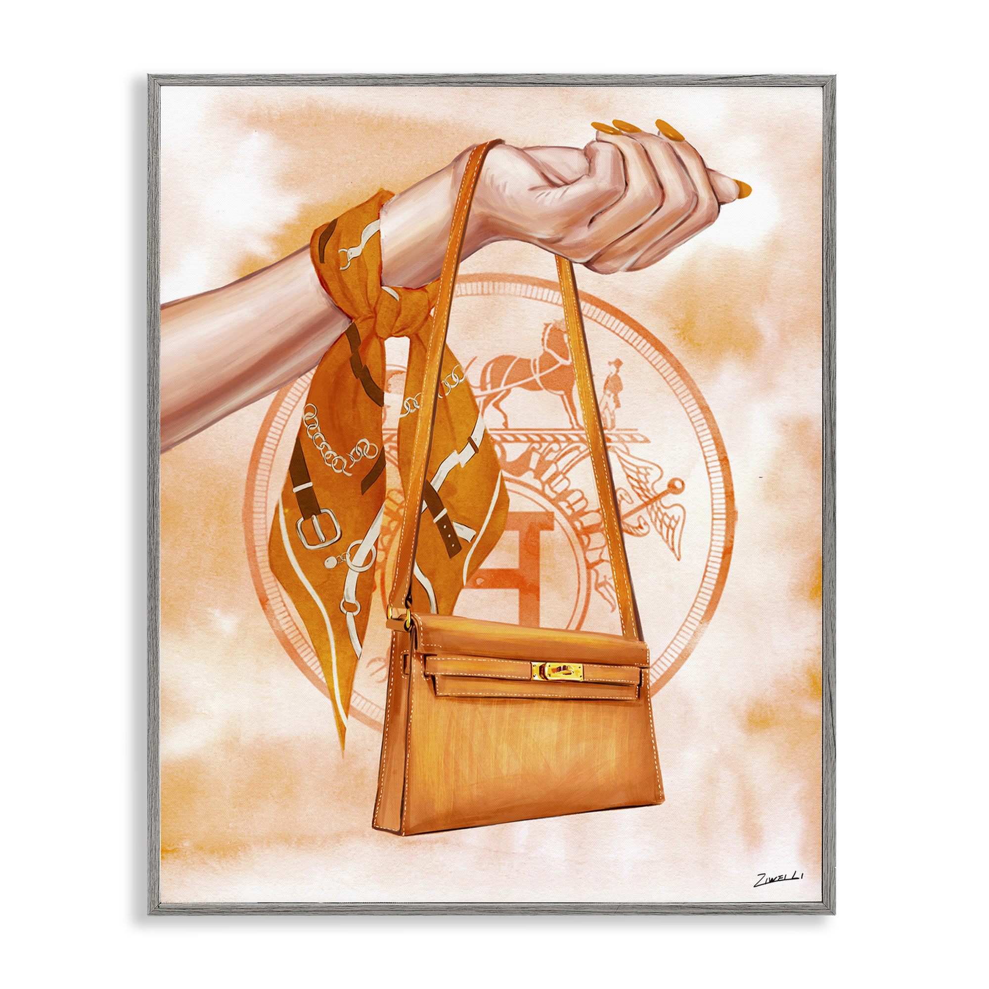 Stupell Industries Holding Orange Handbag Fashion Painting Gray Framed Art Print Wall Art, 11 x 14