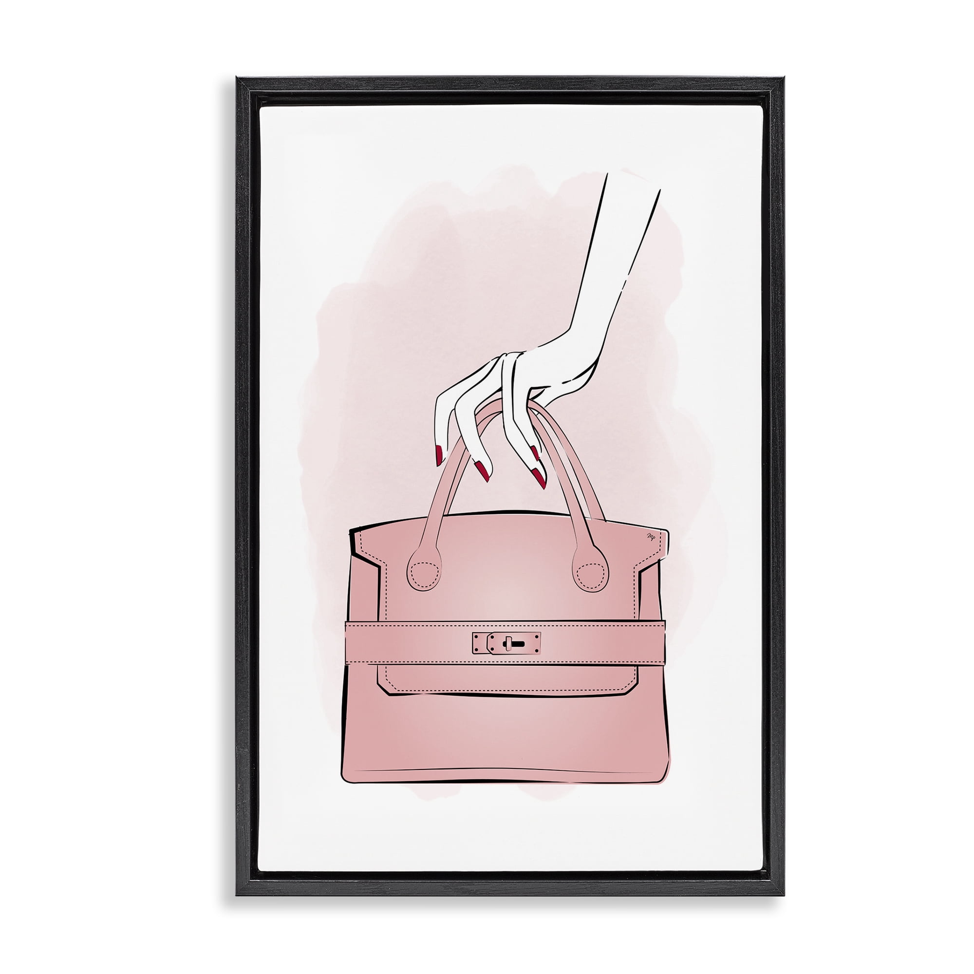 Stupell Industries Holding Pink Purse Beauty & Fashion Painting Black Floater Framed Art Print Wall Art, 21 x 31