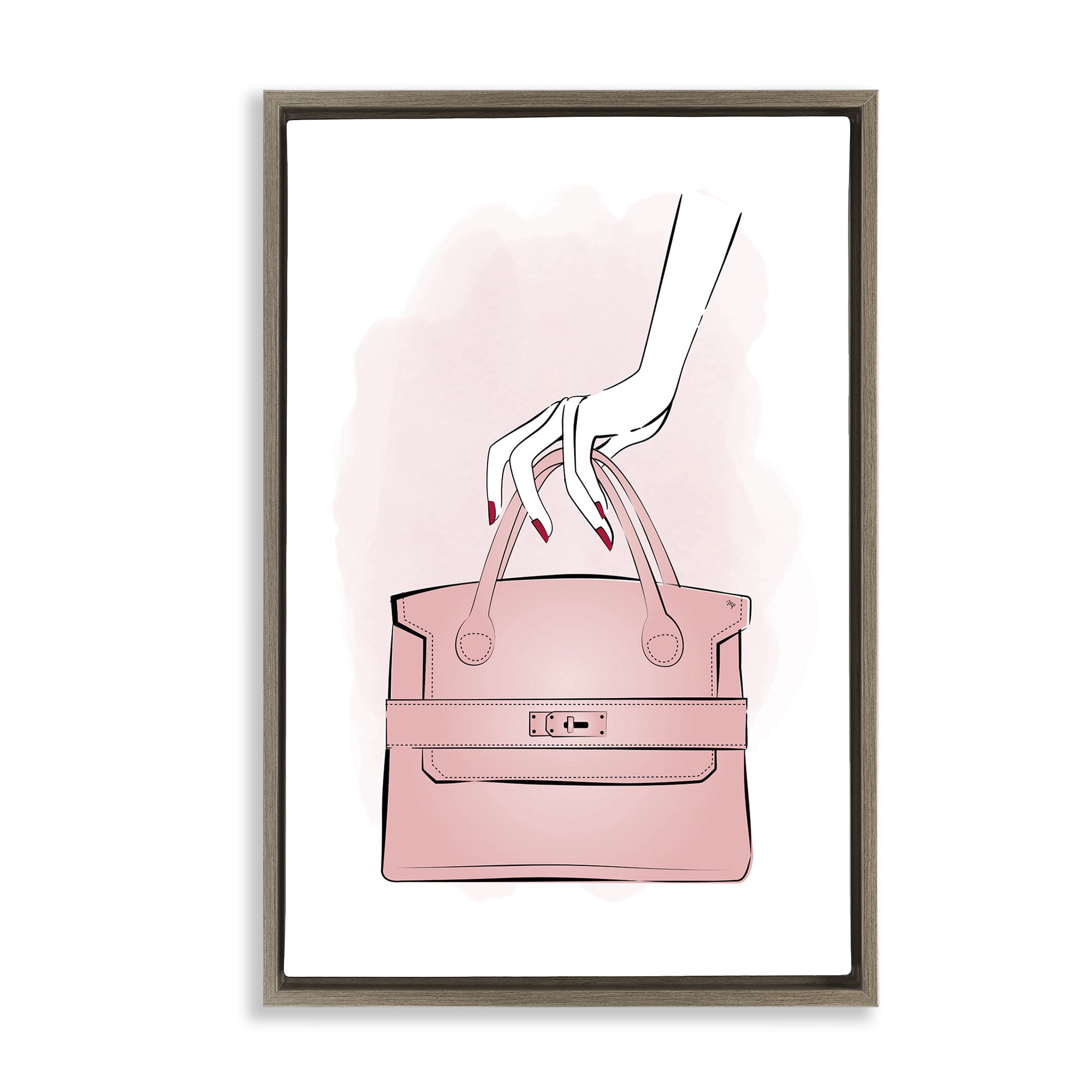 Stupell Industries Holding Pink Purse Beauty & Fashion Painting Brown Floater Framed Art Print Wall Art, 21 x 31