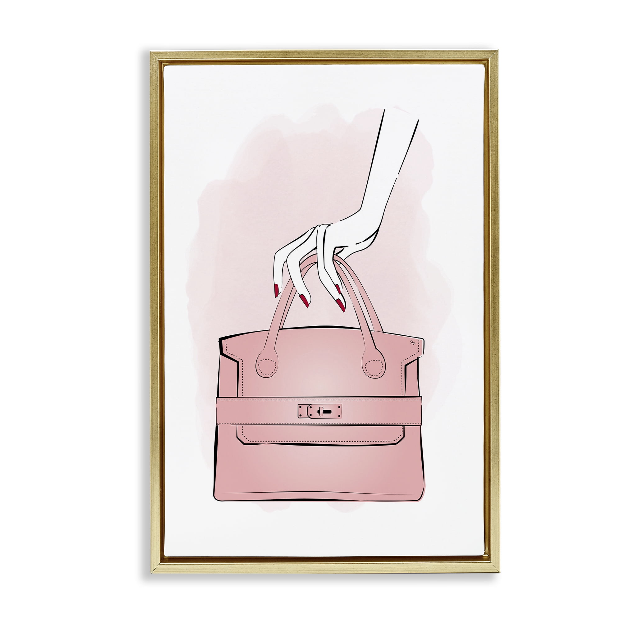 Stupell Industries Holding Pink Purse Beauty & Fashion Painting Gold Floater Framed Art Print Wall Art, 21 x 31