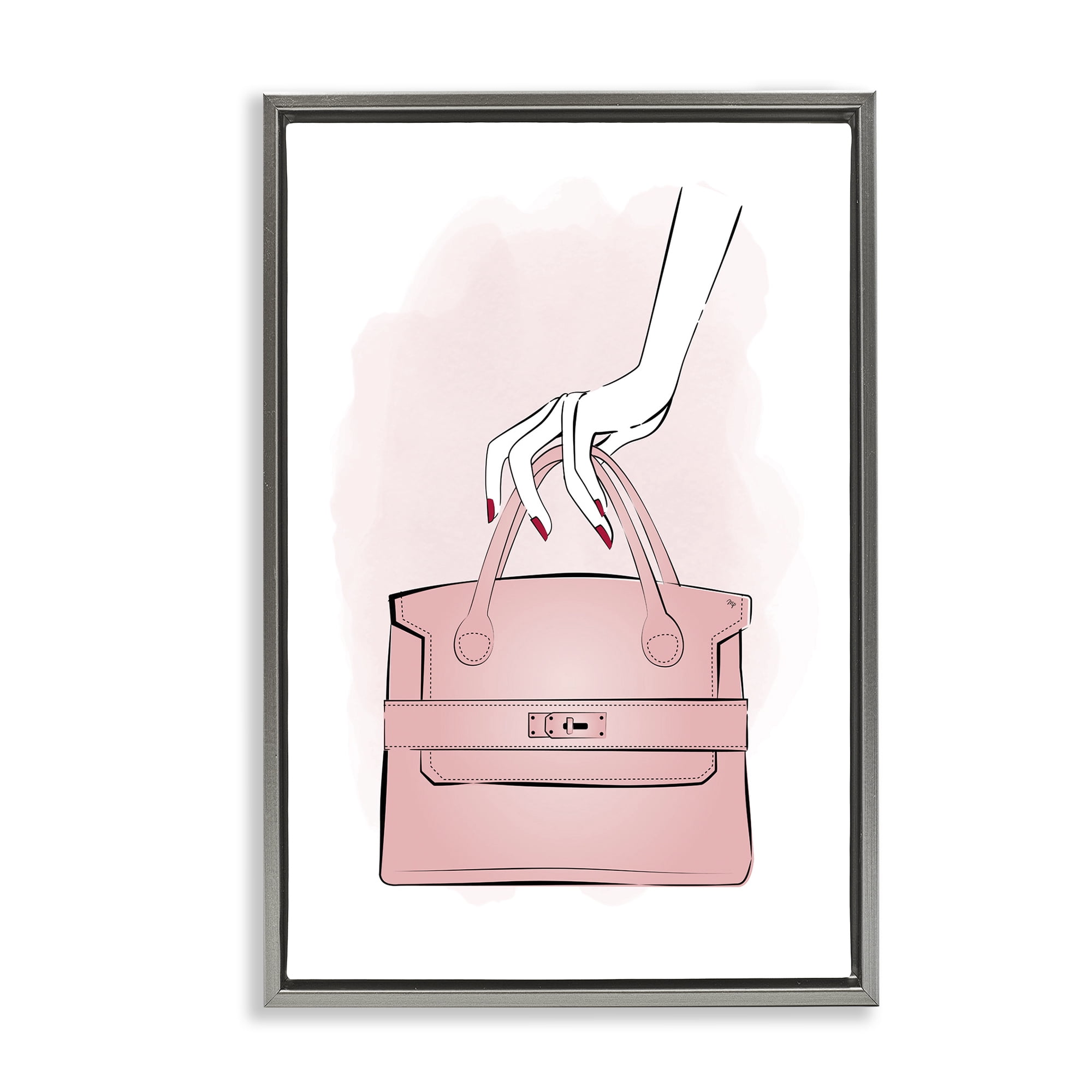 Stupell Industries Holding Pink Purse Beauty & Fashion Painting Gray Floater Framed Art Print Wall Art, 17 x 25