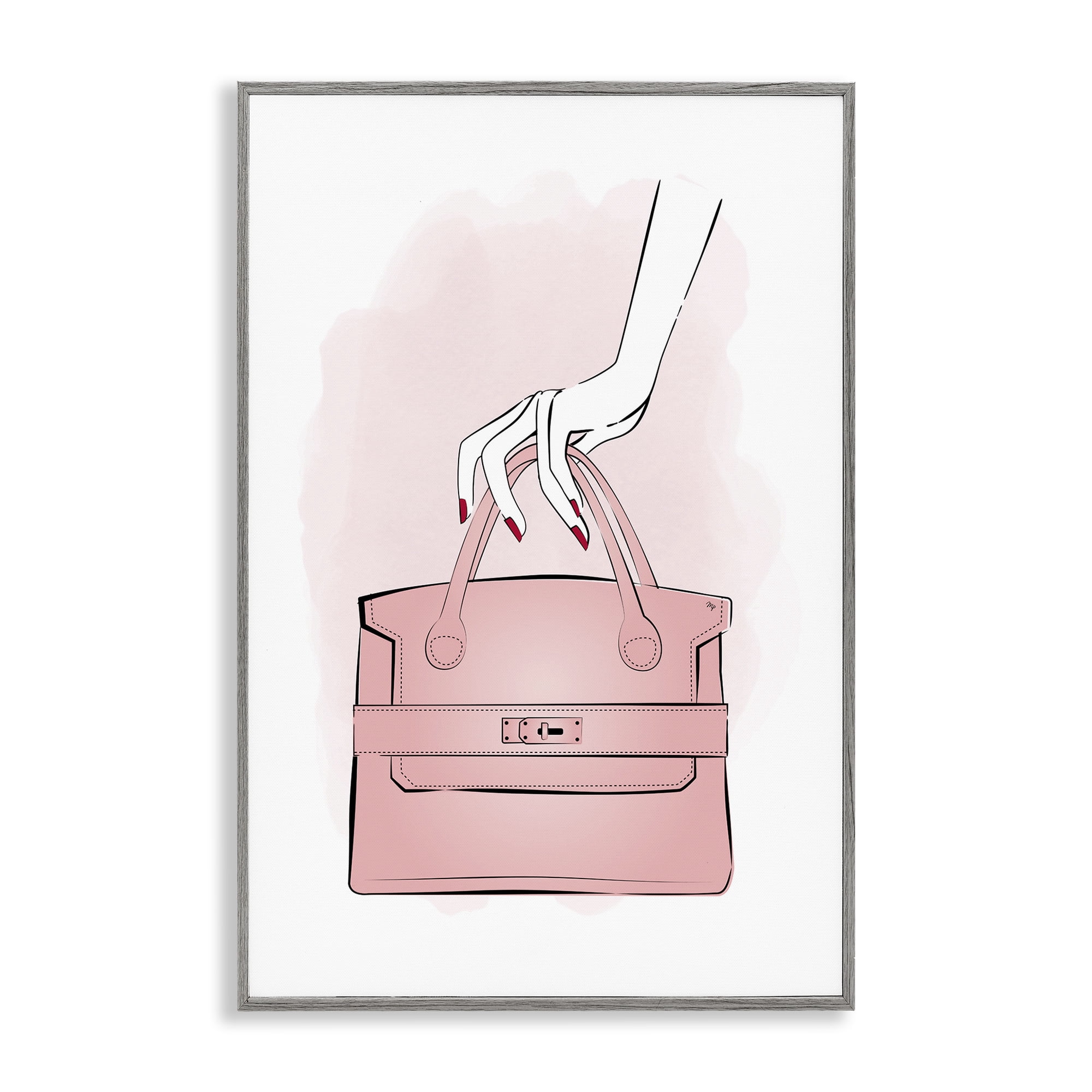 Stupell Industries Holding Pink Purse Beauty & Fashion Painting Gray Framed Art Print Wall Art, 20 x 30