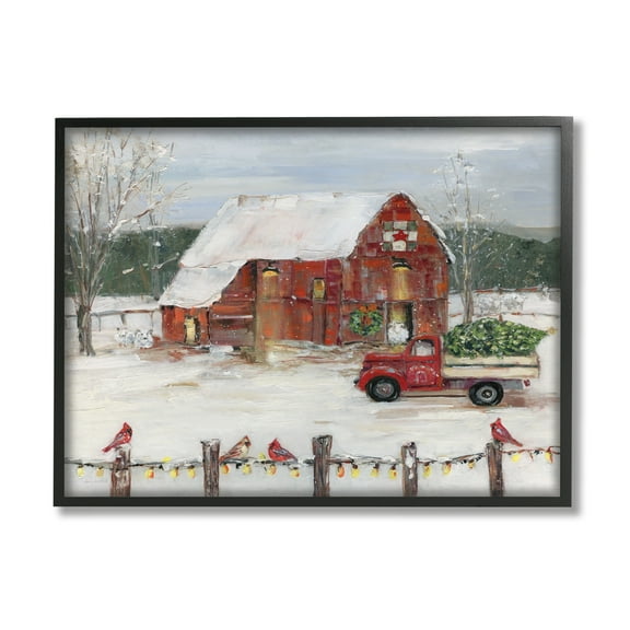 Stupell Industries Holiday Barn Winter Scene Holiday Painting Black Framed Art Print Wall Art