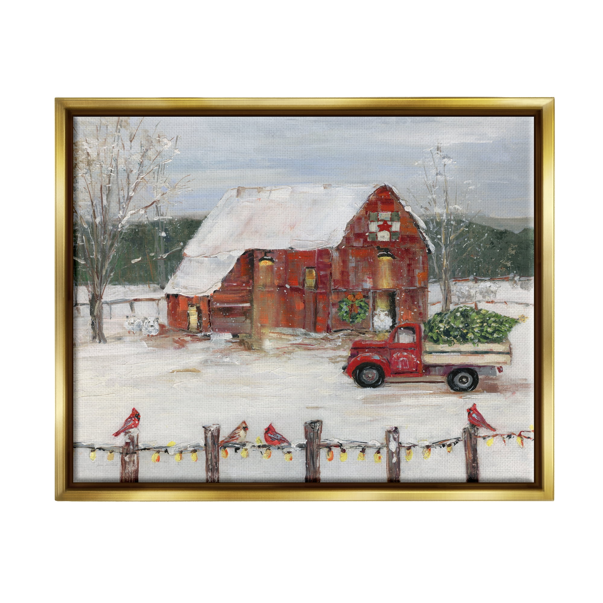 Stupell Industries Holiday Barn Winter Scene Holiday Painting Gold Floater Framed Art Print Wall Art