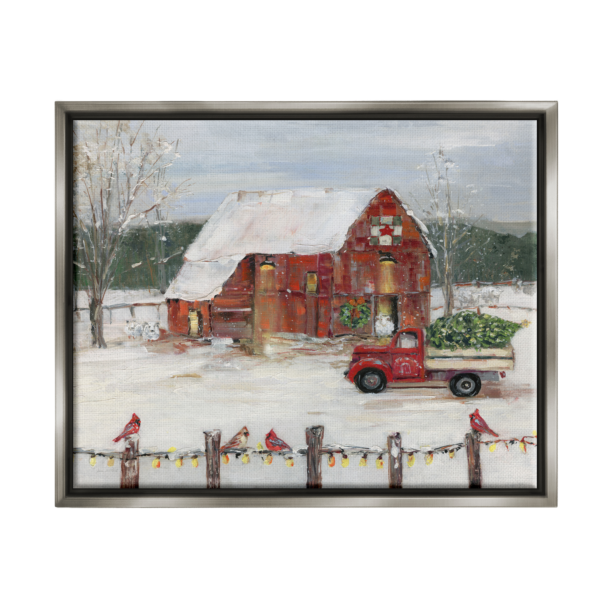Stupell Industries Holiday Barn Winter Scene Holiday Painting Gray Floater Framed Art Print Wall Art