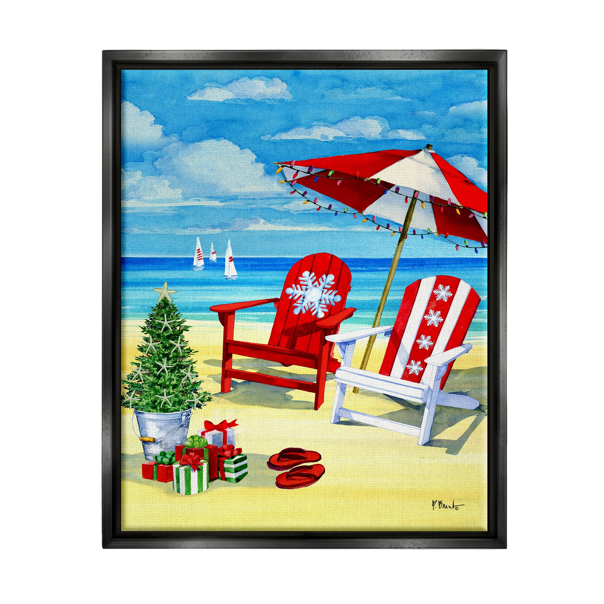 Stupell Industries Holiday Beach Scenery Holiday Painting Black Floater Framed Art Print Wall Art, 25 x 31