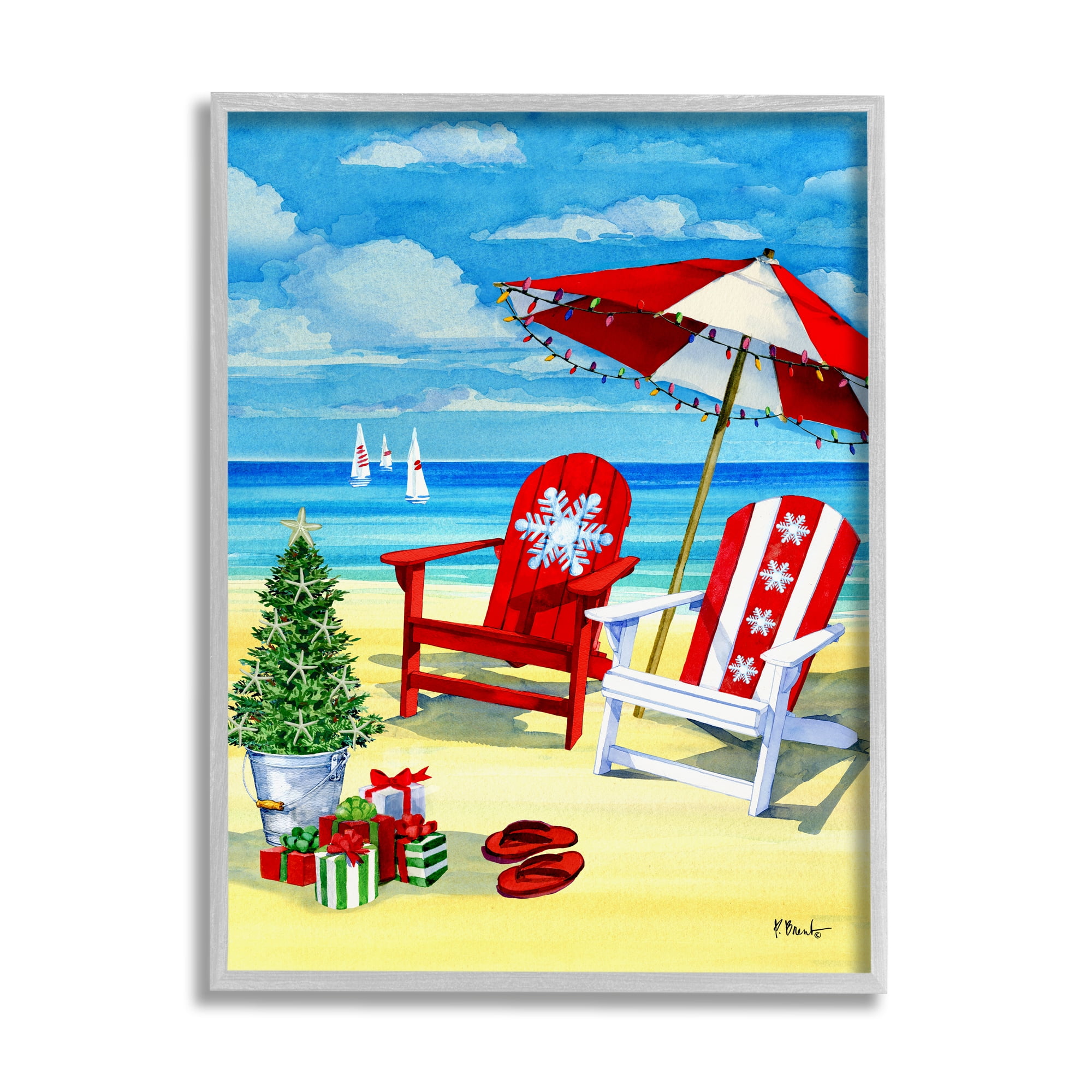 Stupell Industries Holiday Beach Scenery Holiday Painting Gray Framed Art Print Wall Art, 11 x 14