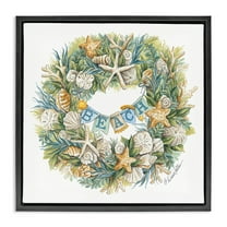 Stupell Industries Holiday Beach Seashell Wreath Holiday Painting Black Floater Framed Canvas Art Print Wall Art, 18 x 18