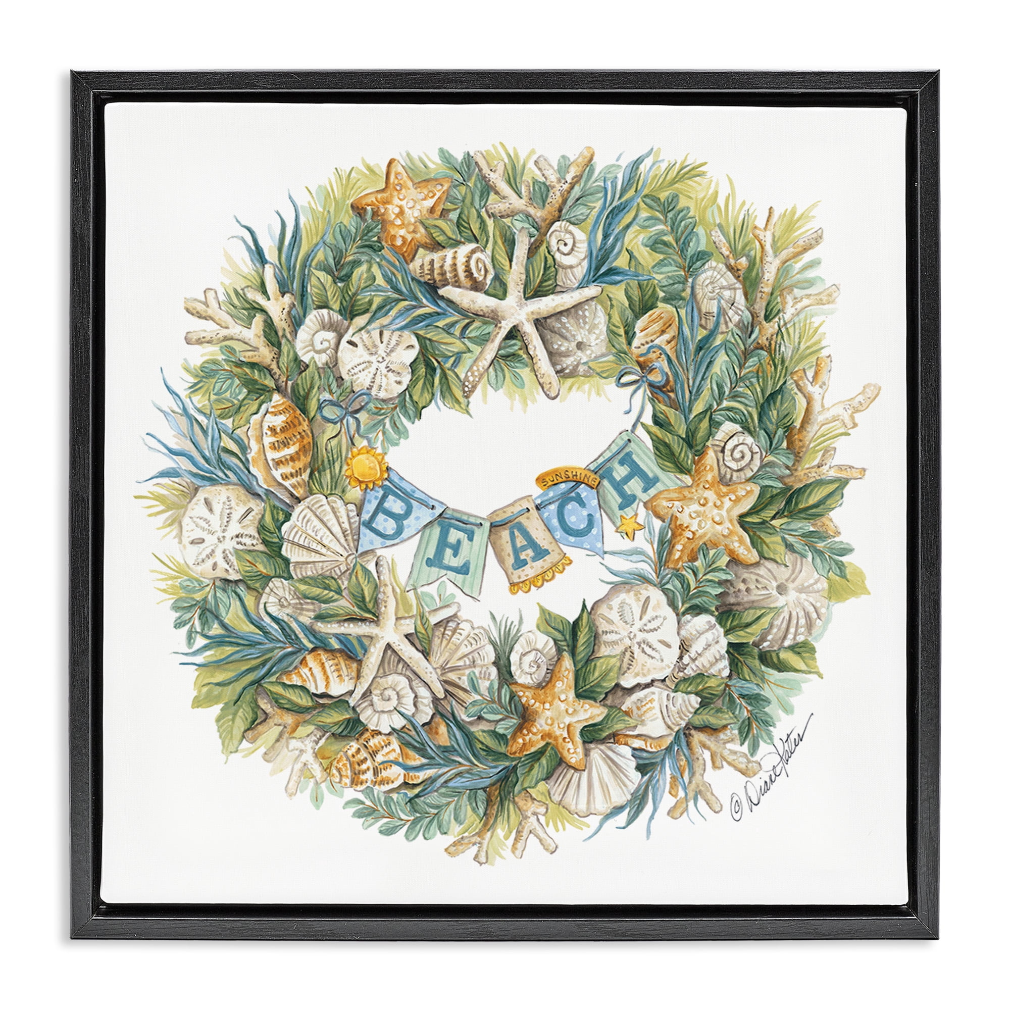 Stupell Industries Holiday Beach Seashell Wreath Holiday Painting Black Floater Framed Canvas Art Print Wall Art, 25 x 25
