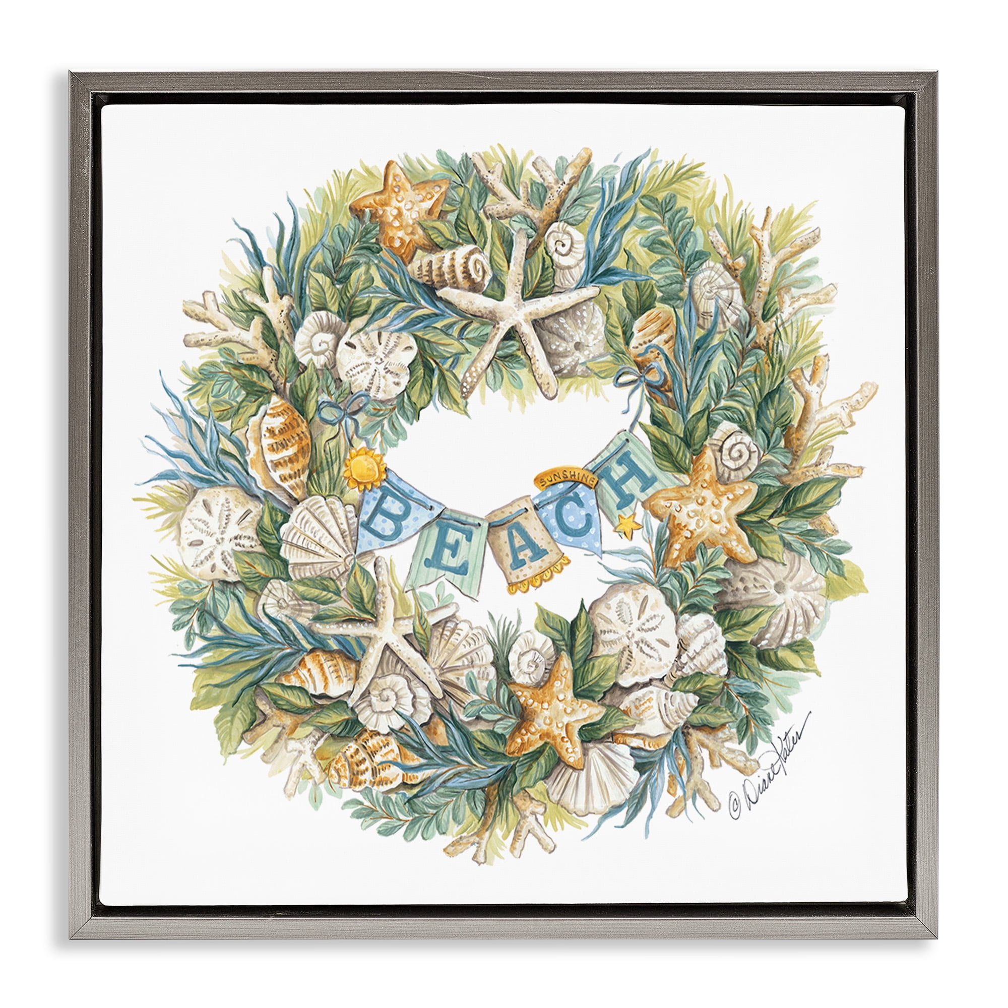 Stupell Industries Holiday Beach Seashell Wreath Holiday Painting Gray Floater Framed Canvas Art Print Wall Art, 18 x 18