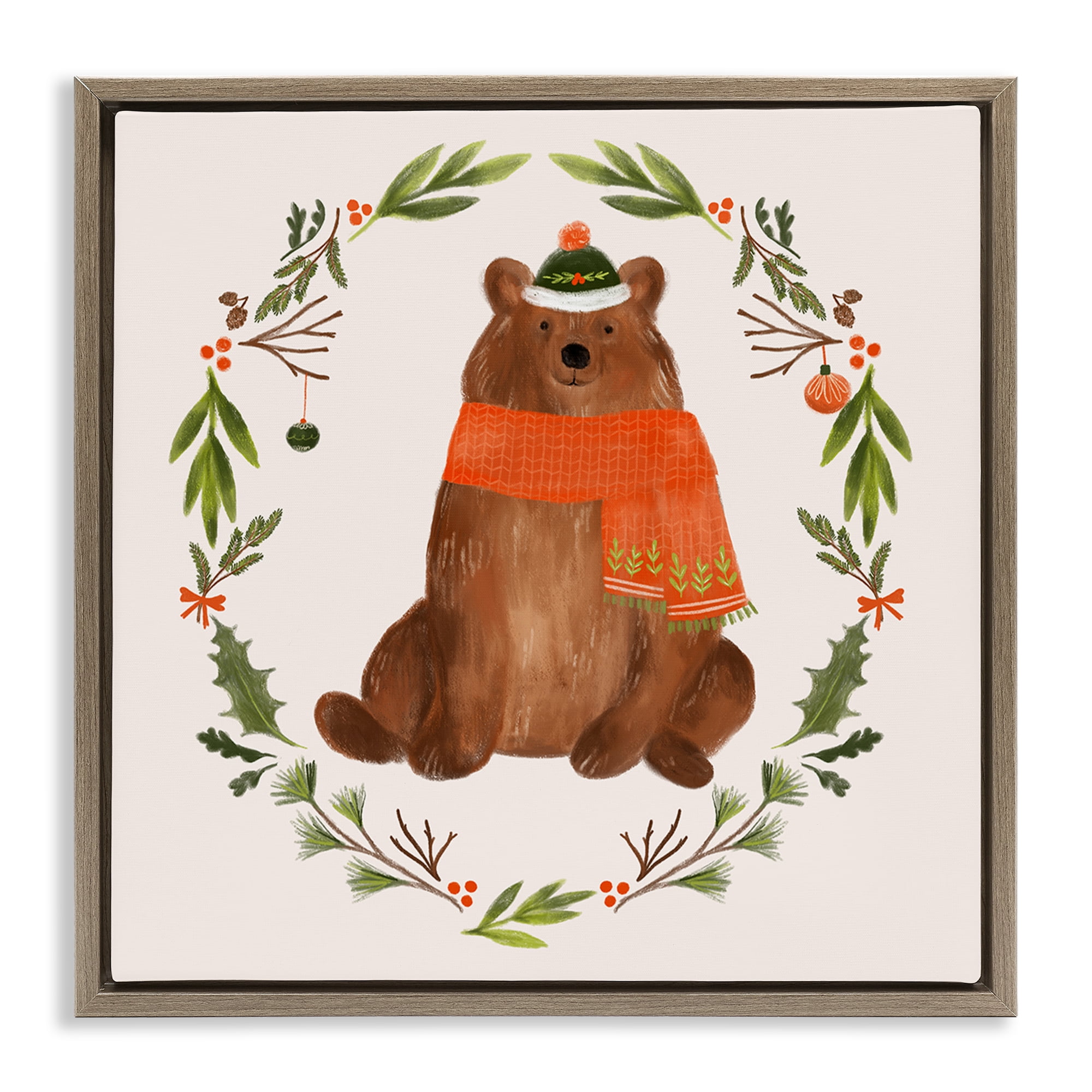 Stupell Industries Holiday Bear Wreaf Holiday Painting Brown Floater Framed Canvas Art Prints Wall Art, 18 x 18