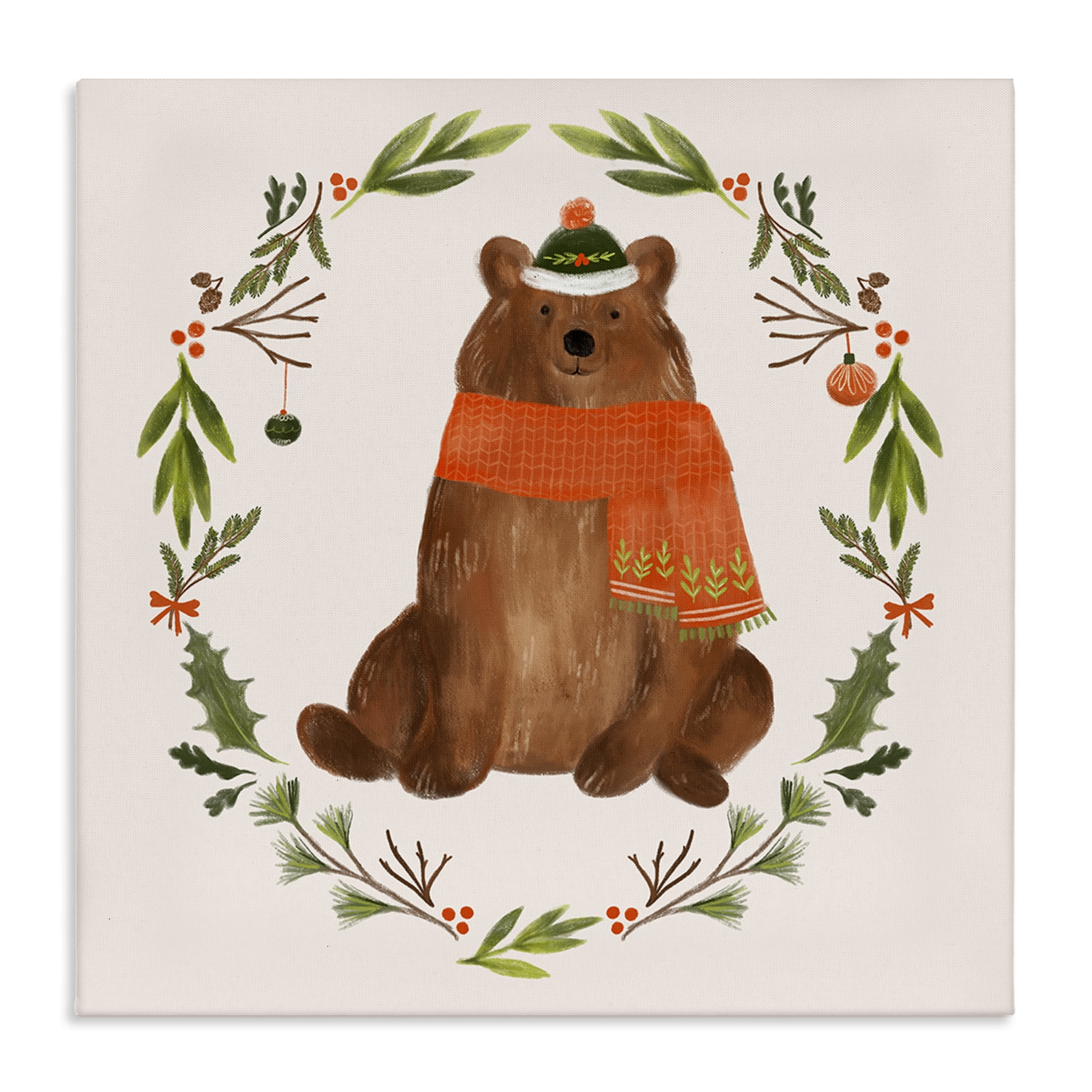 Stupell Industries Holiday Bear Wreaf Holiday Painting Gallery Wrapped Canvas Art Prints Wall Art, 36 x 36