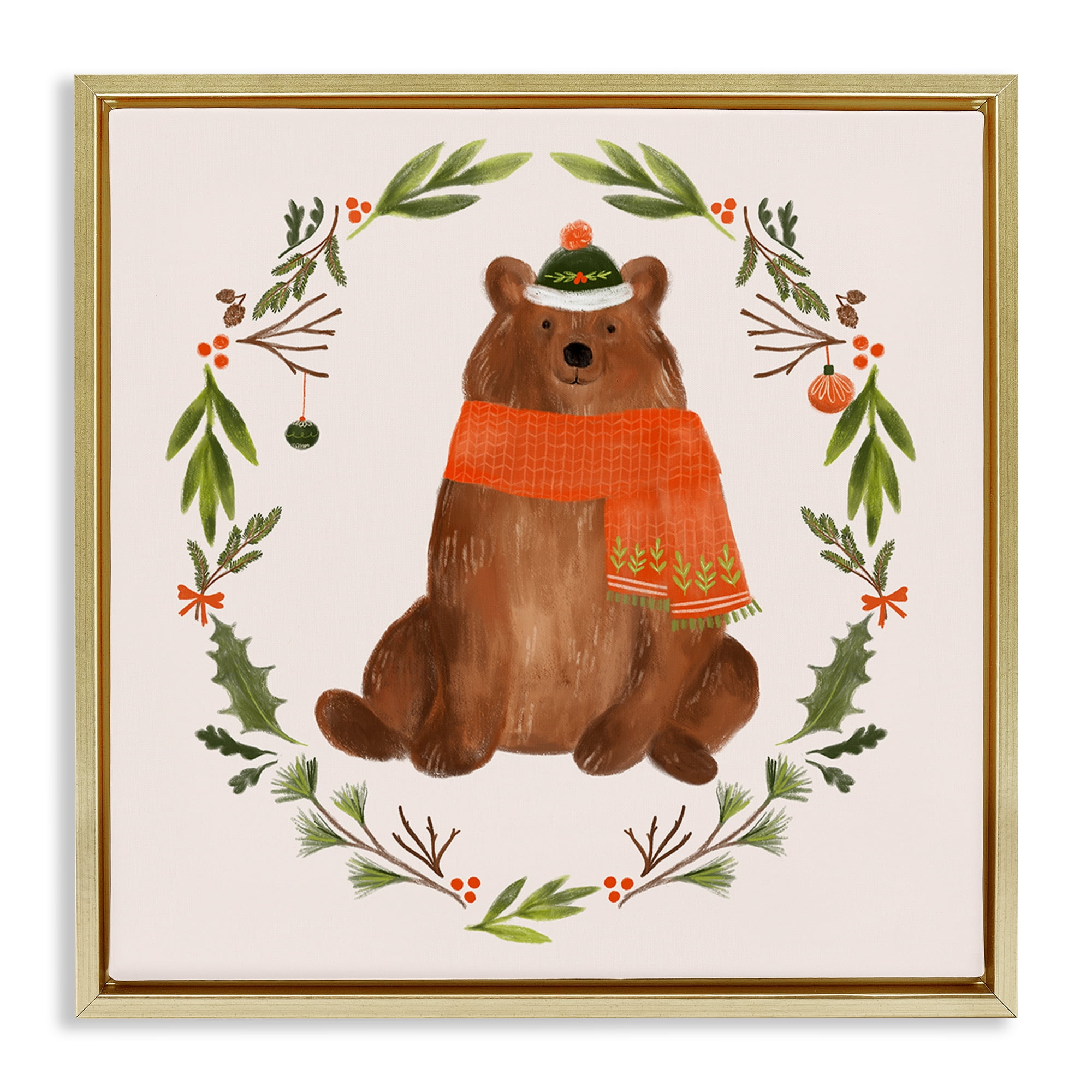 Stupell Industries Holiday Bear Wreaf Holiday Painting Gold Floater Framed Canvas Art Prints Wall Art, 18 x 18