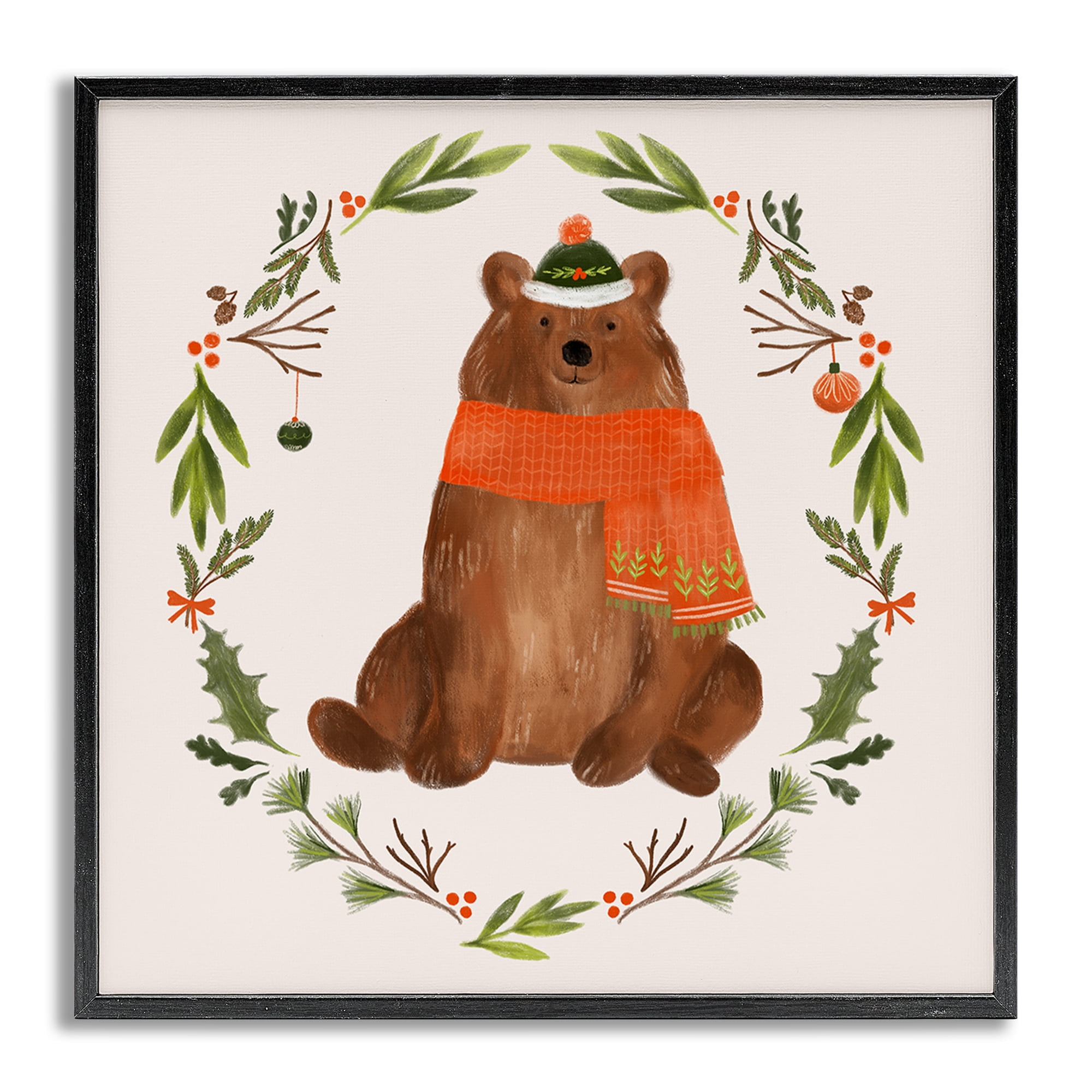 Stupell Industries Holiday Bear Wreaf Holiday Painting Gray Framed Art Prints Wall Art, 12 x 12