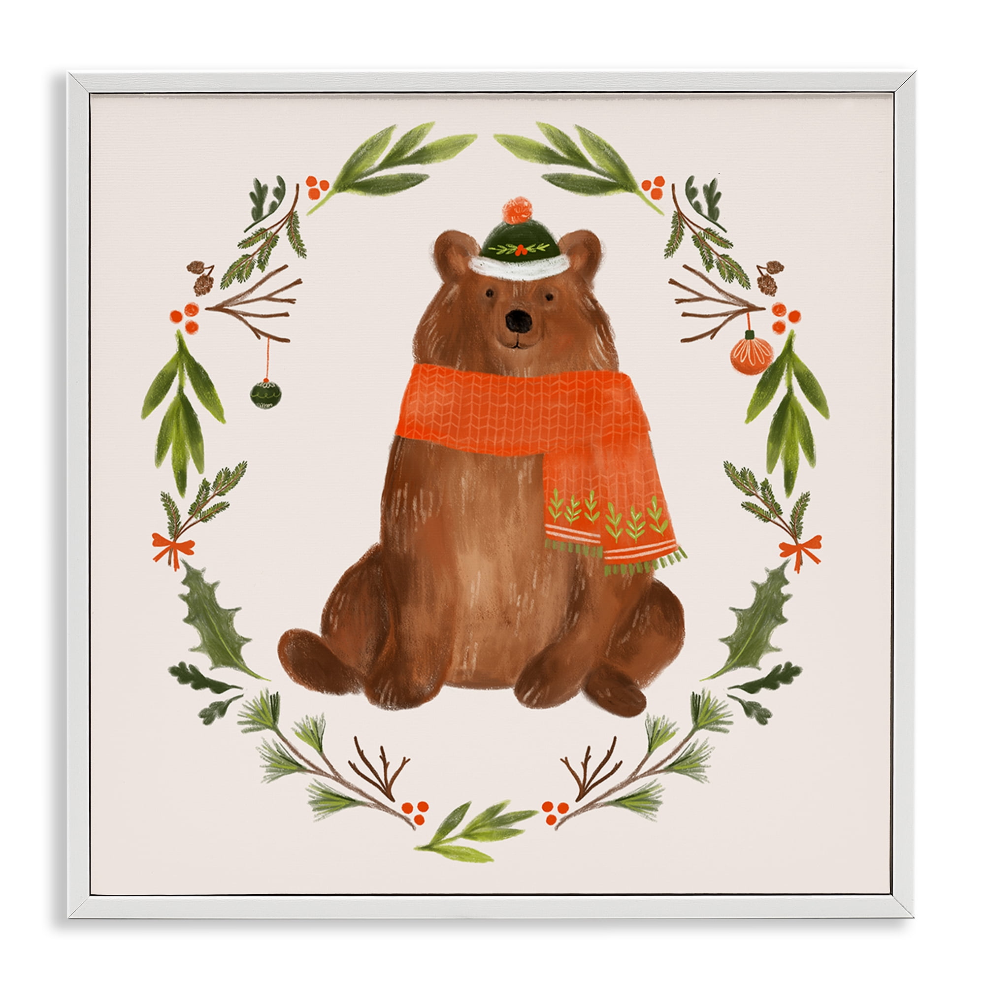 Stupell Industries Holiday Bear Wreaf Holiday Painting White Framed Art Prints Wall Art, 12 x 12