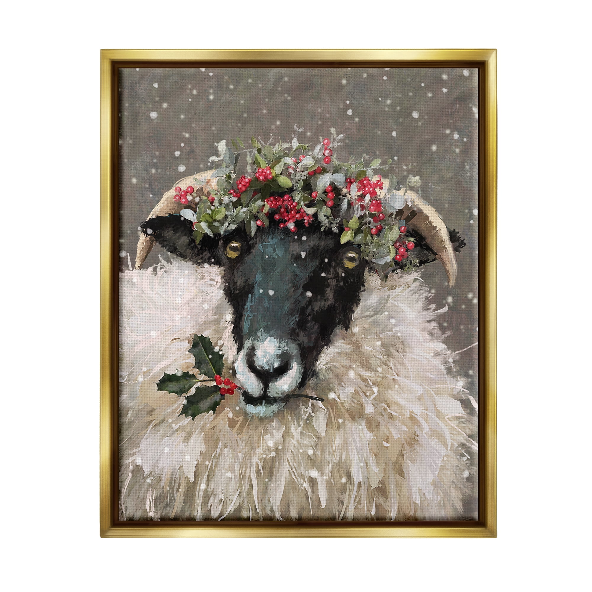 Stupell Industries Holiday Berries Farmhouse Sheep Holiday Painting Gold Floater Framed Art Print Wall Art