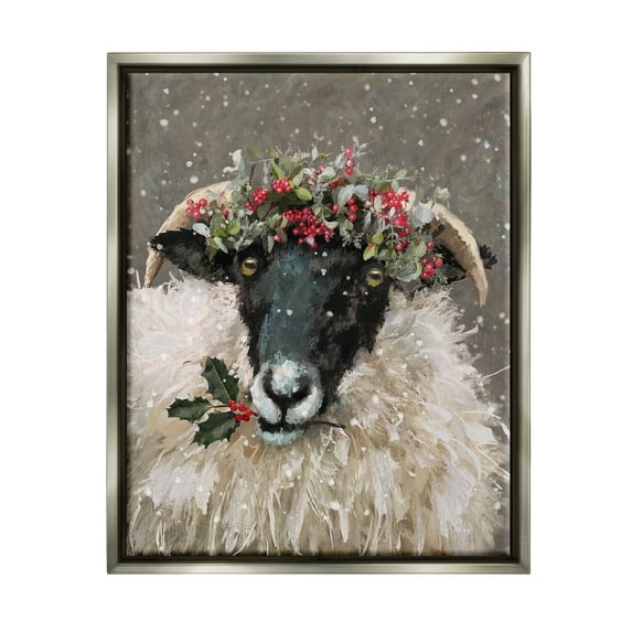 Stupell Industries Holiday Berries Farmhouse Sheep Holiday Painting Gray Floater Framed Art Print Wall Art