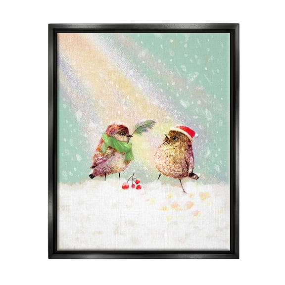 Stupell Industries Holiday Birds & Snowy Rainbow Holiday Painting Black Floater Framed Canvas Art Print Wall Art, 25 x 31