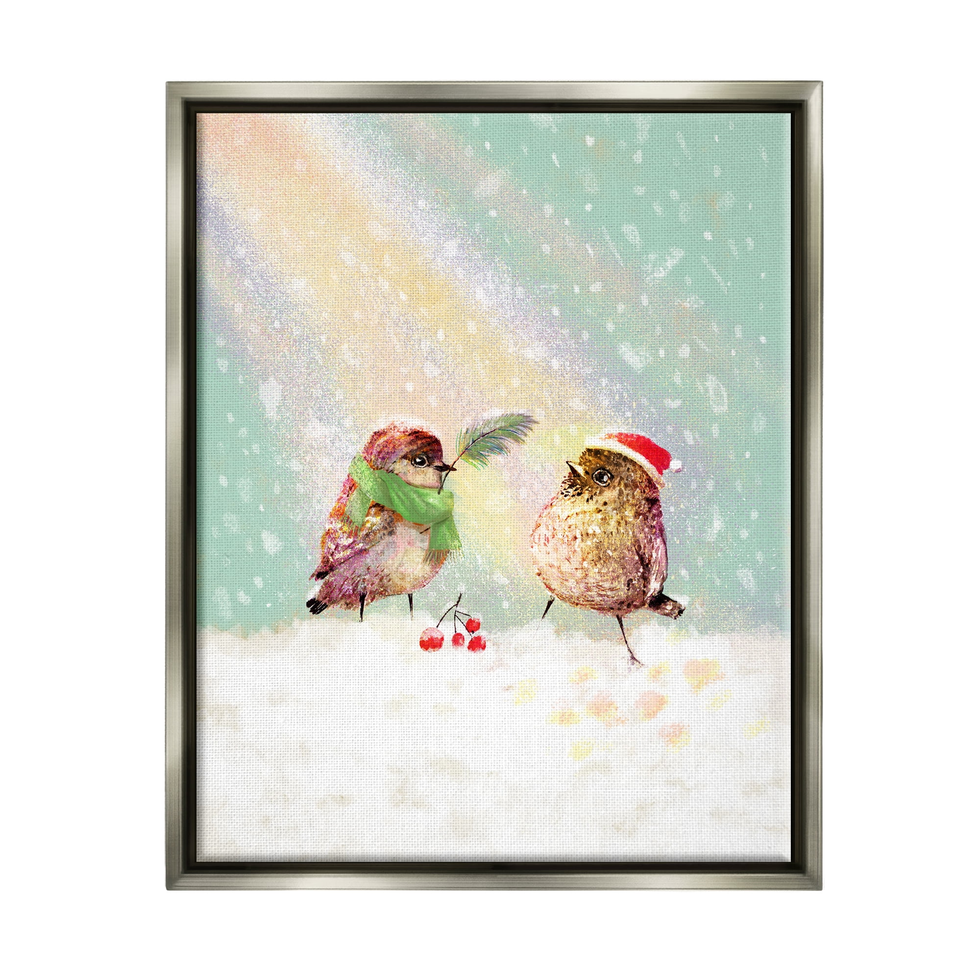 Stupell Industries Holiday Birds & Snowy Rainbow Holiday Painting Gray Floater Framed Canvas Art Print Wall Art, 25 x 31