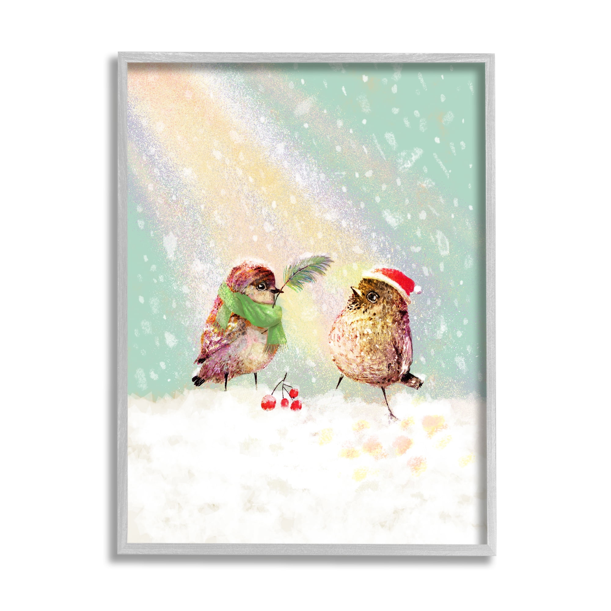 Stupell Industries Holiday Birds & Snowy Rainbow Holiday Painting Gray Framed Art Print Wall Art, 11 x 14