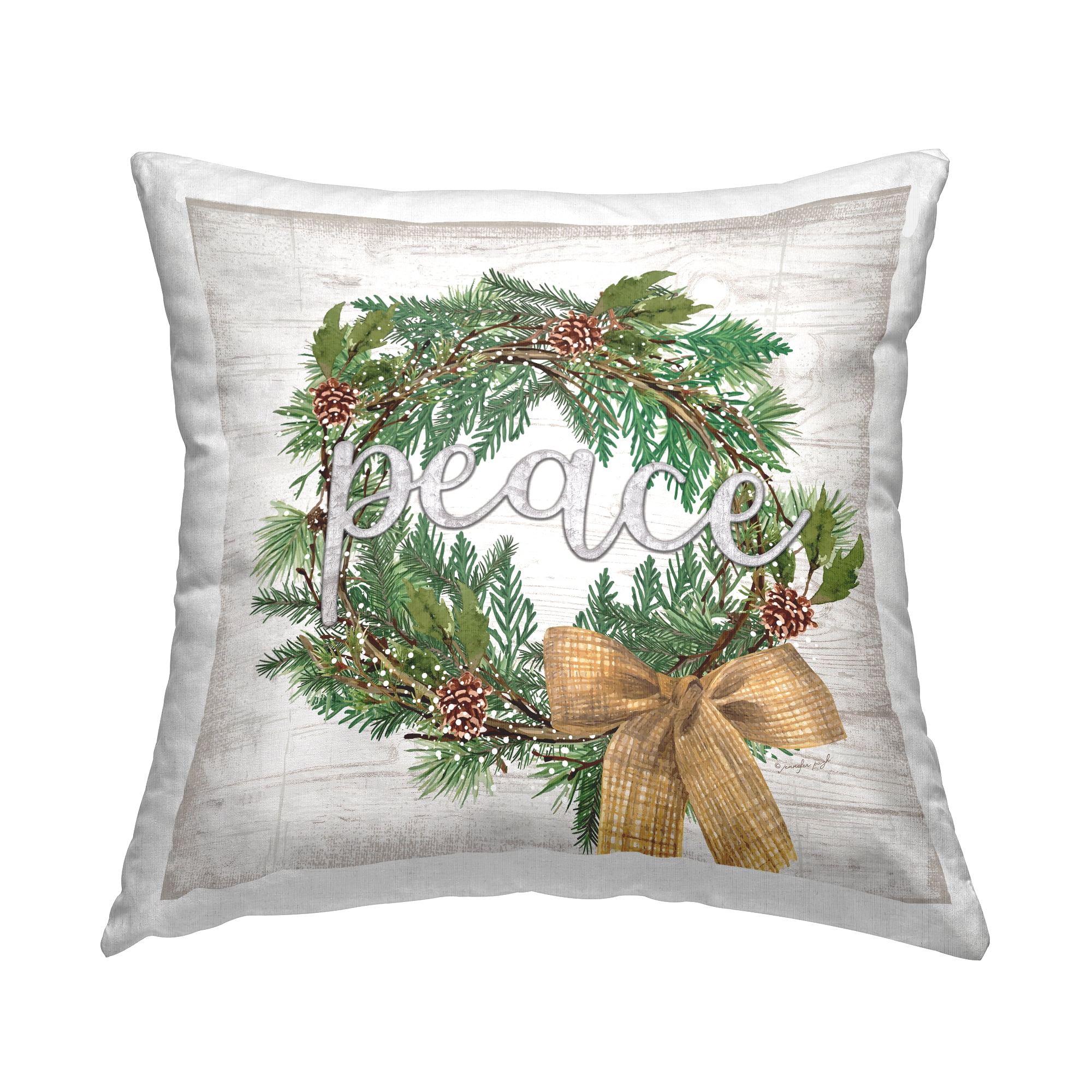 Stupell Industries Holiday Botanical Wreath Bow Peace Typography Design by Jennifer Pugh Throw Pillow