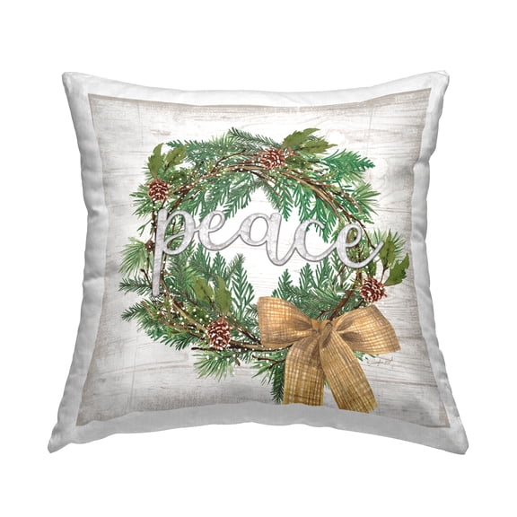 Stupell Industries Holiday Botanical Wreath Bow Peace Typography Design by Jennifer Pugh Throw Pillow