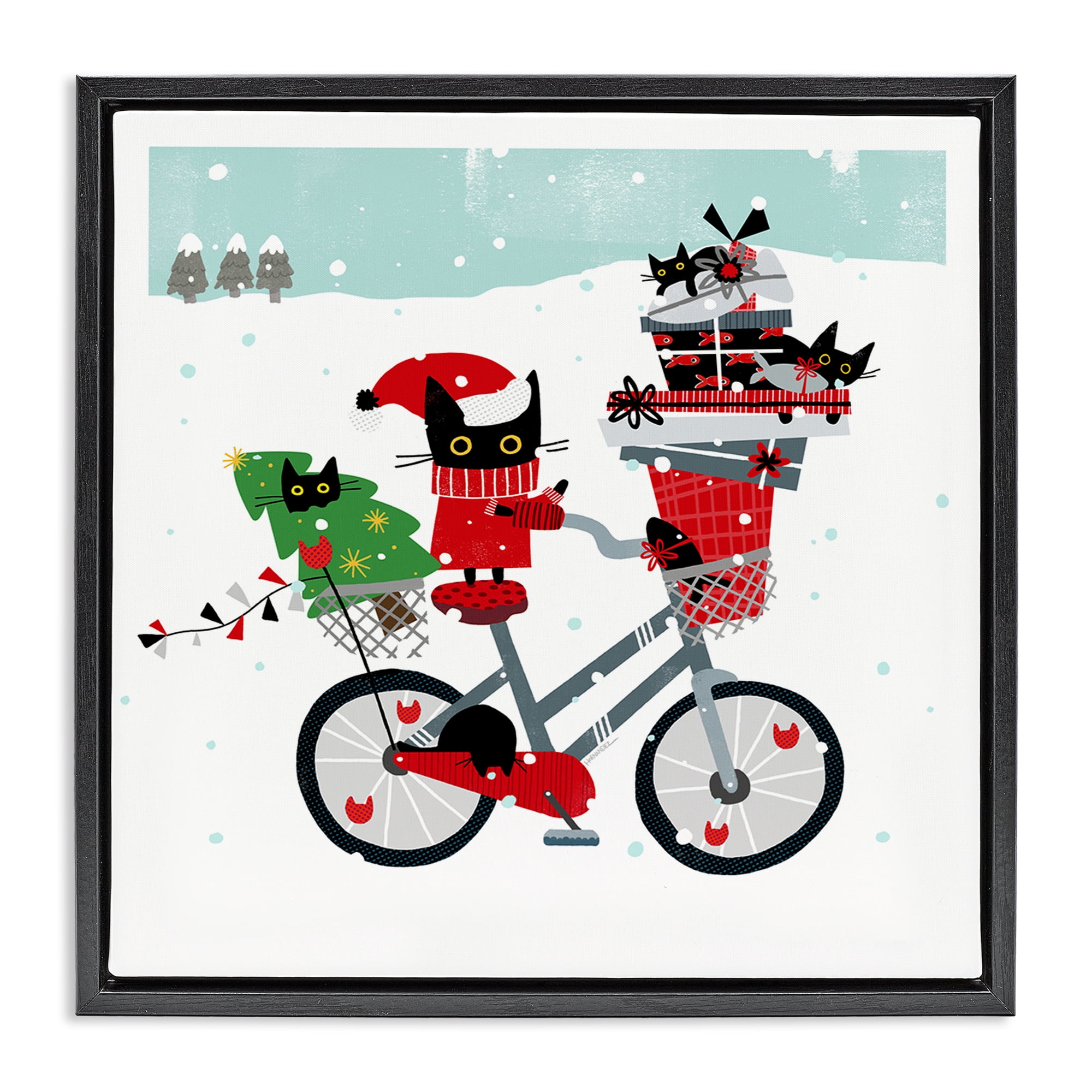 Stupell Industries Holiday Catmas Bicycle Holiday Painting Black Floater Framed Canvas Art Prints Wall Art, 25 x 25