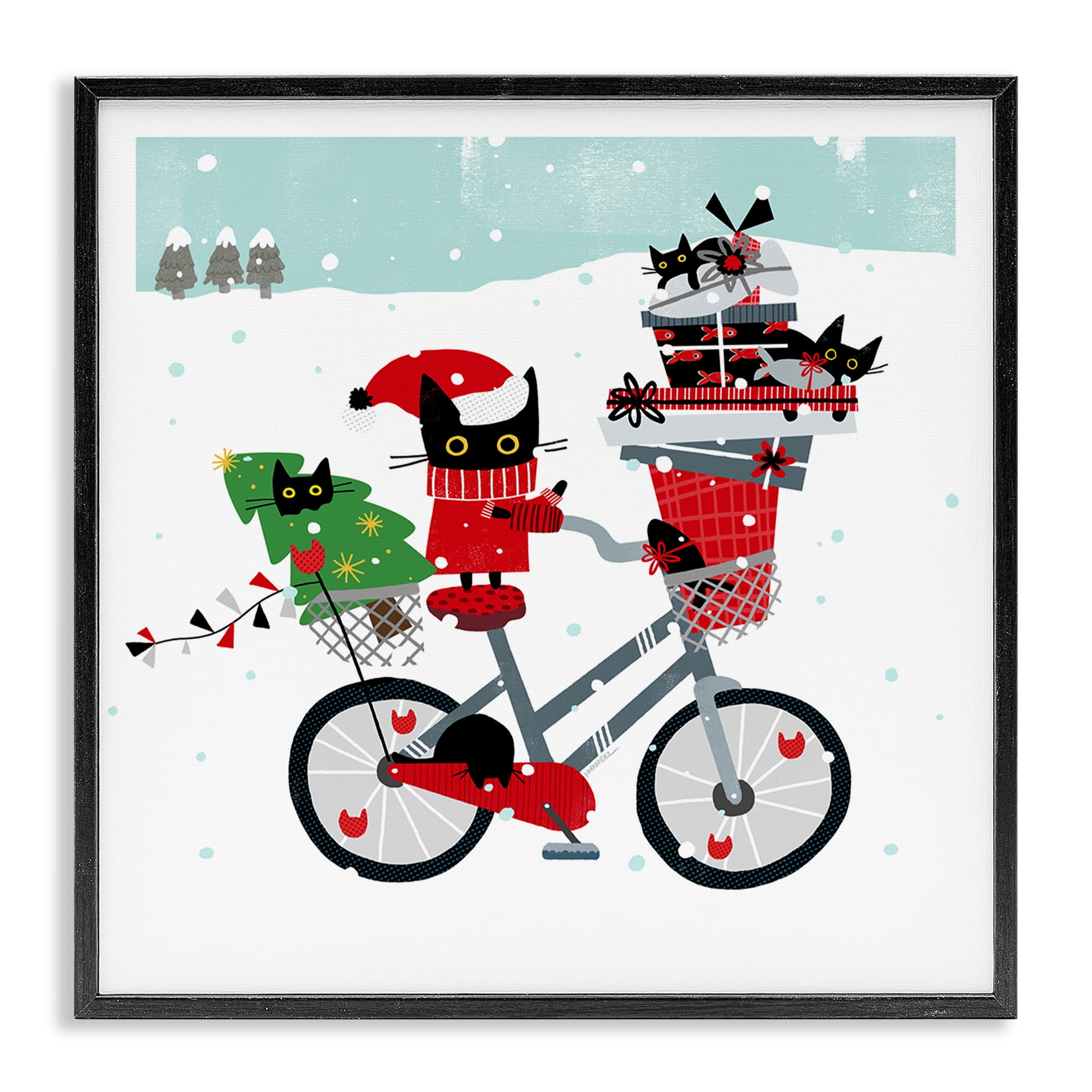 Stupell Industries Holiday Catmas Bicycle Holiday Painting Black Framed Art Prints Wall Art, 12 x 12