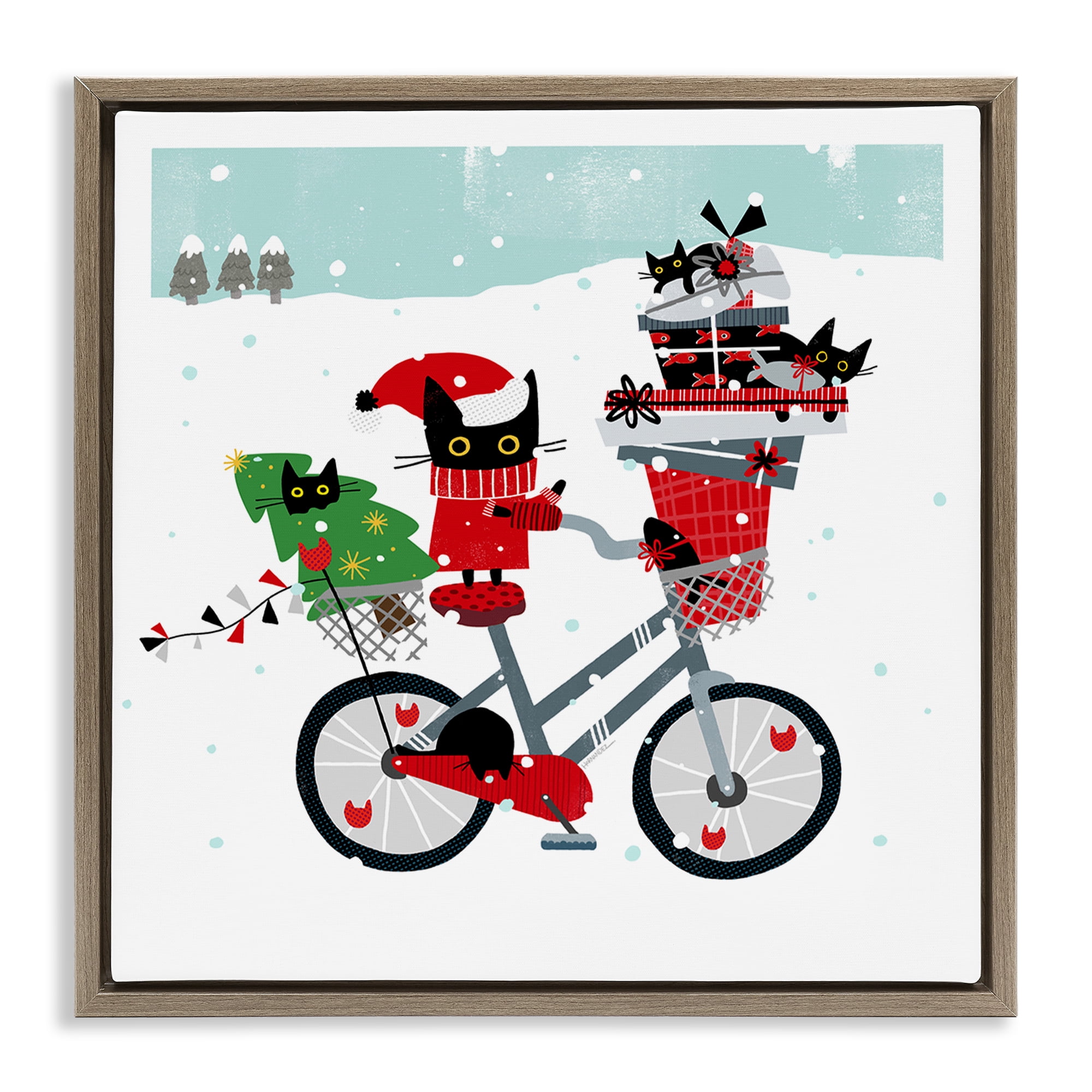 Stupell Industries Holiday Catmas Bicycle Holiday Painting Brown Floater Framed Canvas Art Prints Wall Art, 18 x 18