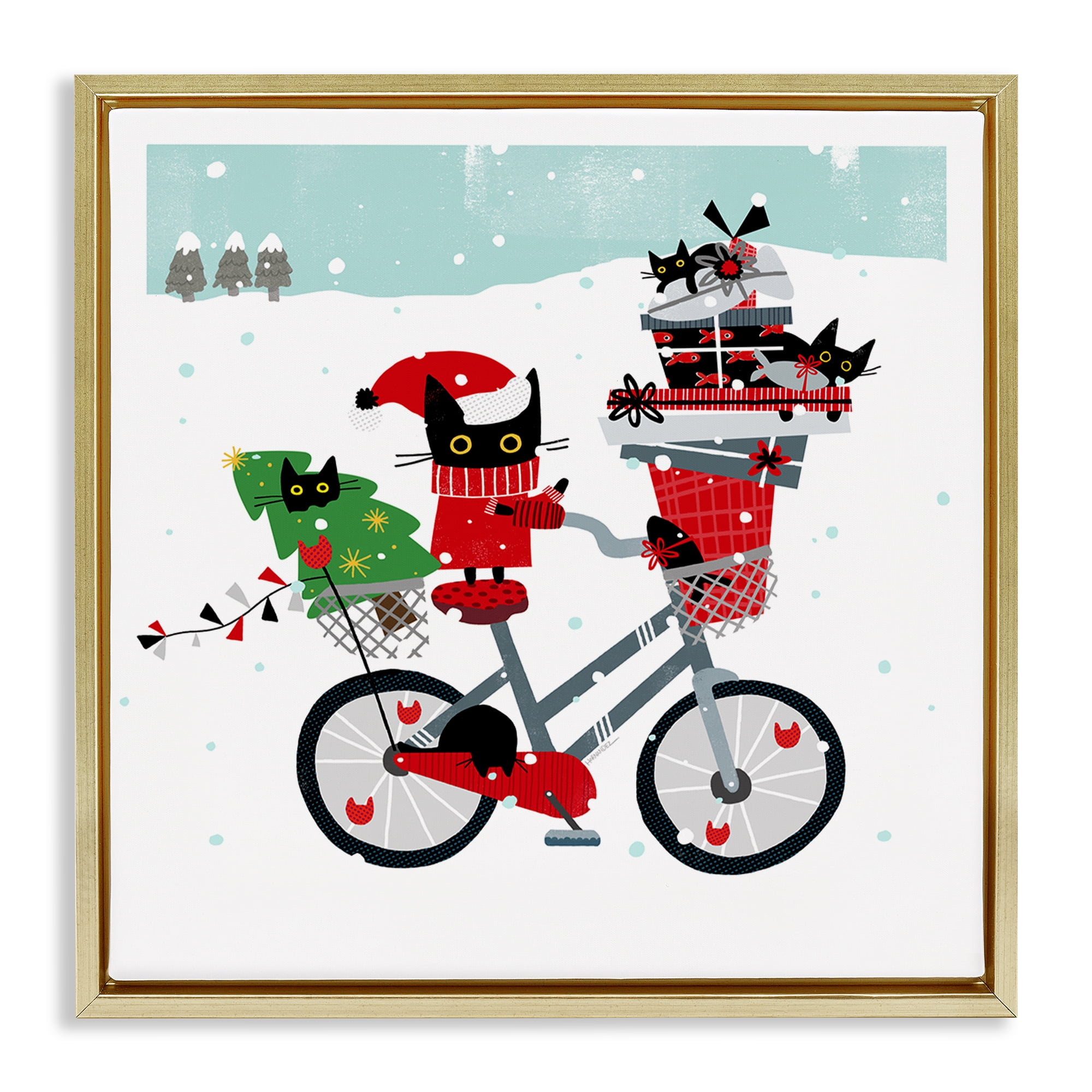 Stupell Industries Holiday Catmas Bicycle Holiday Painting Gold Floater Framed Canvas Art Prints Wall Art, 18 x 18