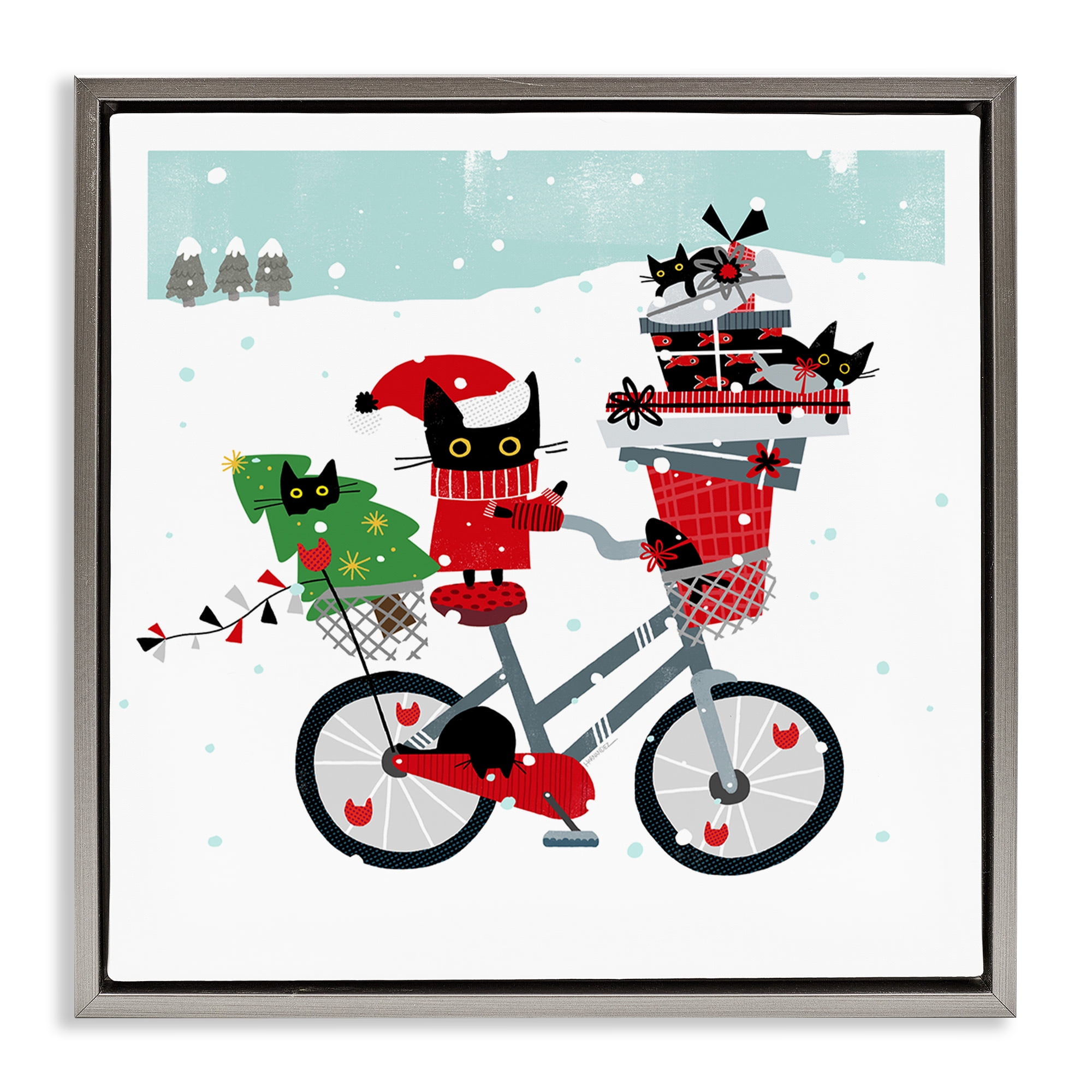 Stupell Industries Holiday Catmas Bicycle Holiday Painting Gray Floater Framed Canvas Art Prints Wall Art, 25 x 25