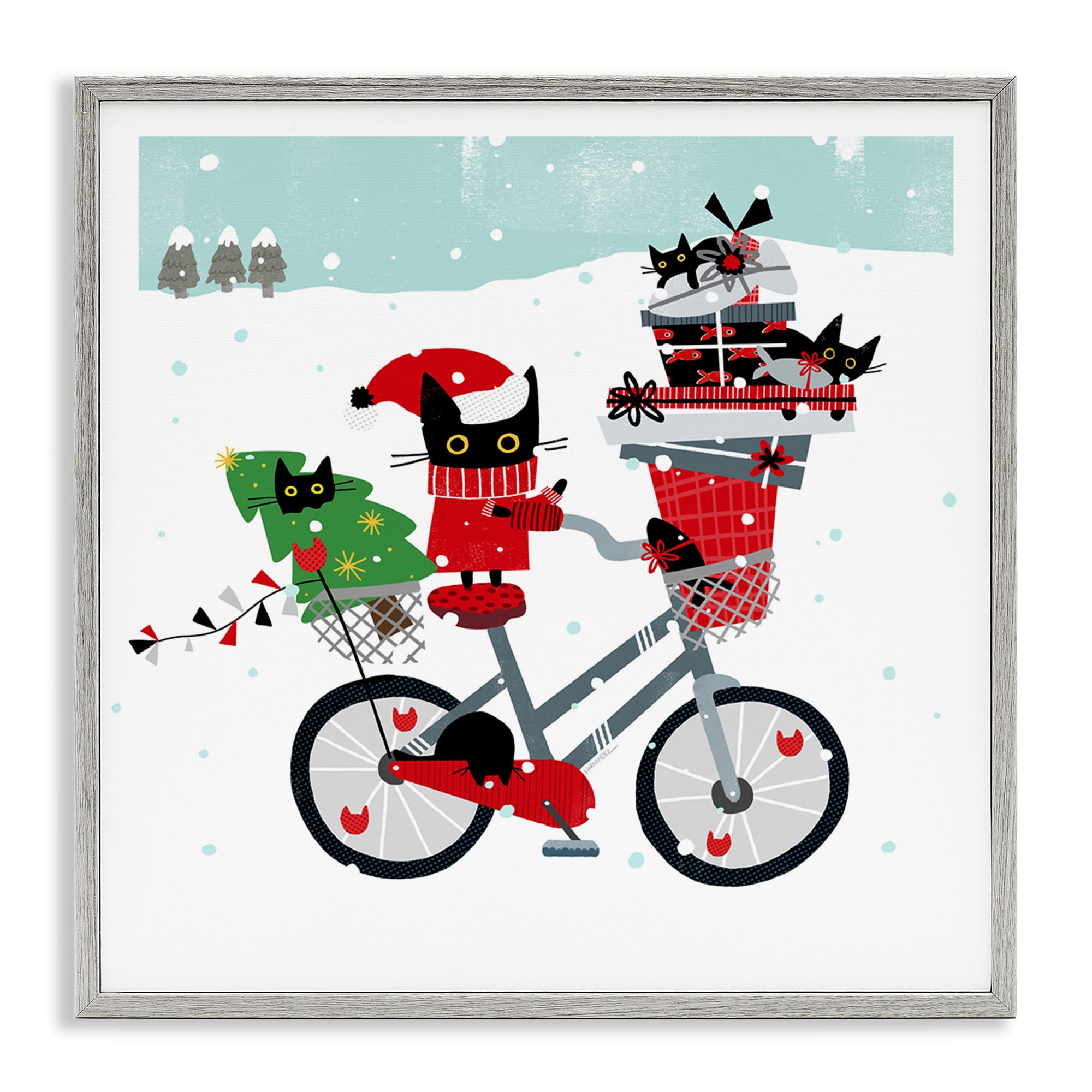 Stupell Industries Holiday Catmas Bicycle Holiday Painting Gray Framed Art Prints Wall Art, 17 x 17