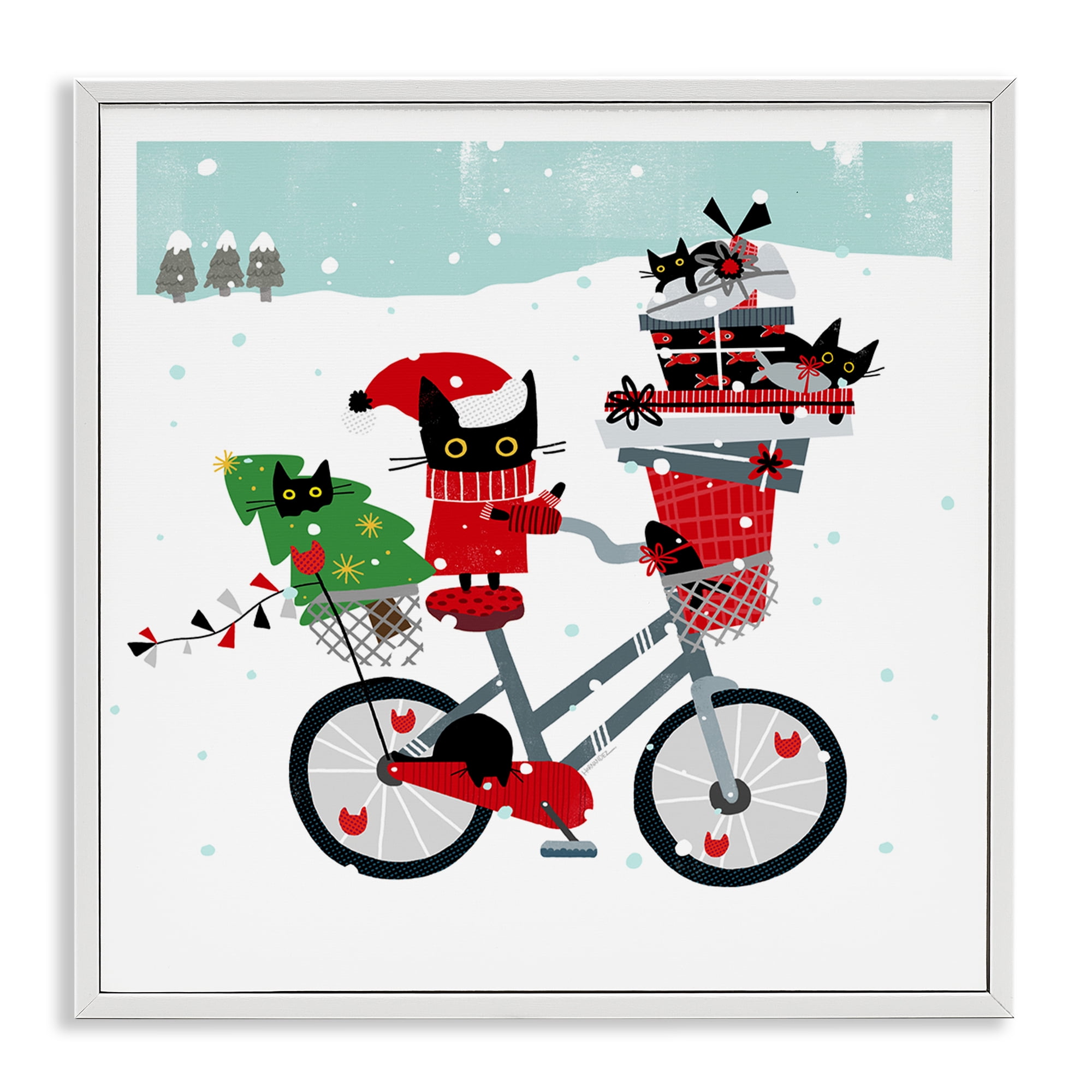 Stupell Industries Holiday Catmas Bicycle Holiday Painting White Framed Art Prints Wall Art, 17 x 17