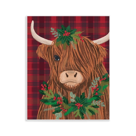 Stupell Industries Holiday Cattle on Buffalo Plaid Animals Painting Unframed Art Print Wall Art, 11 x 14