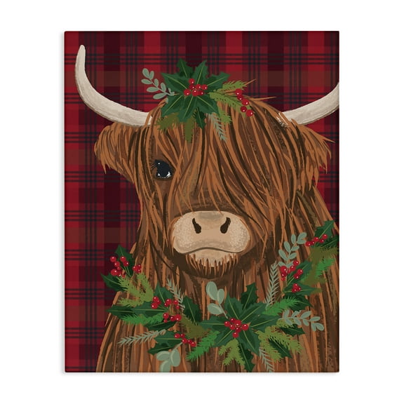 Stupell Industries Holiday Cattle on Buffalo Plaid Animals Painting Wrapped Canvas Canvas Art Print Wall Art, 36 x 48