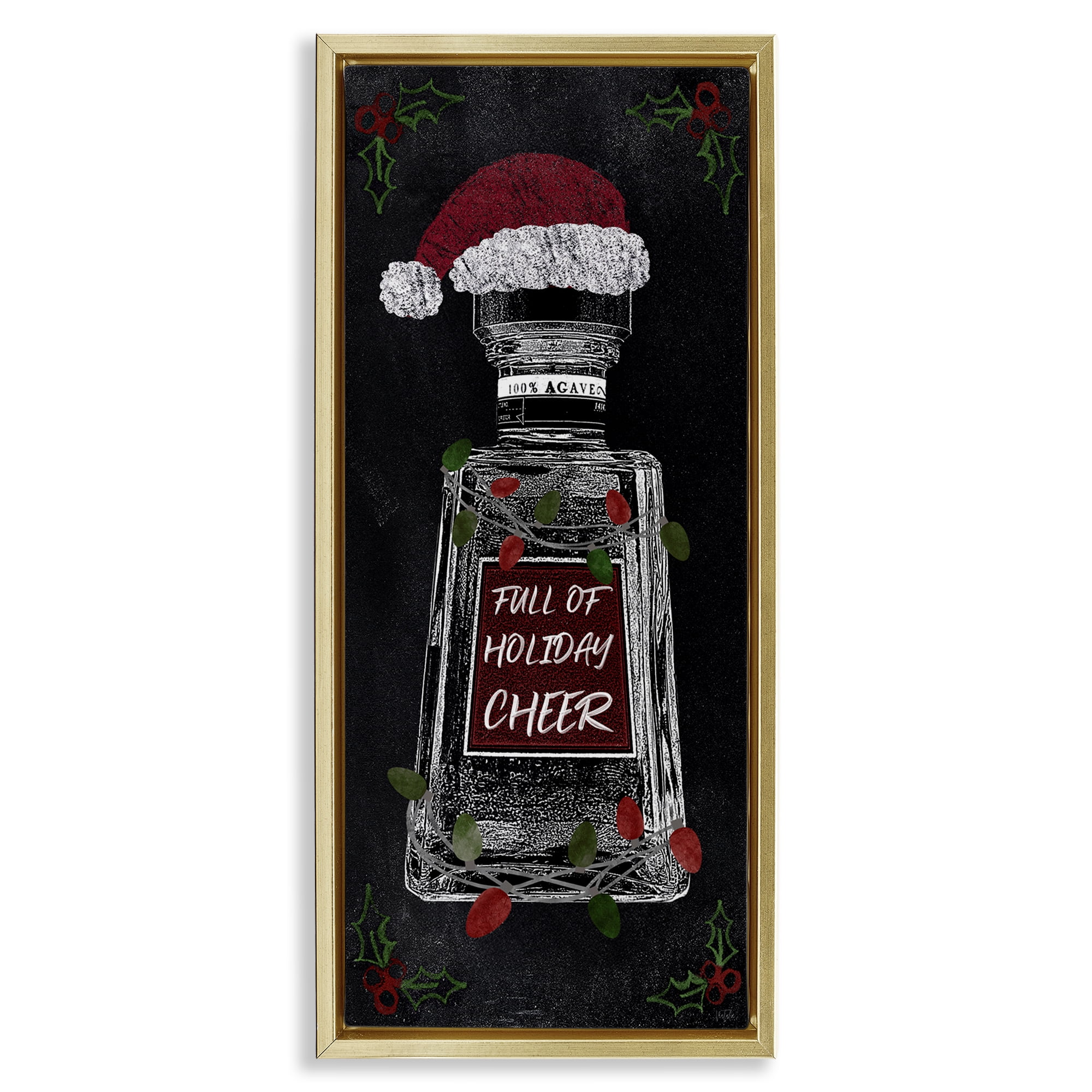 Stupell Industries Holiday Cheer Bottle Holiday Painting Gold Floater Framed Canvas Art Prints Wall Art, 11 x 25