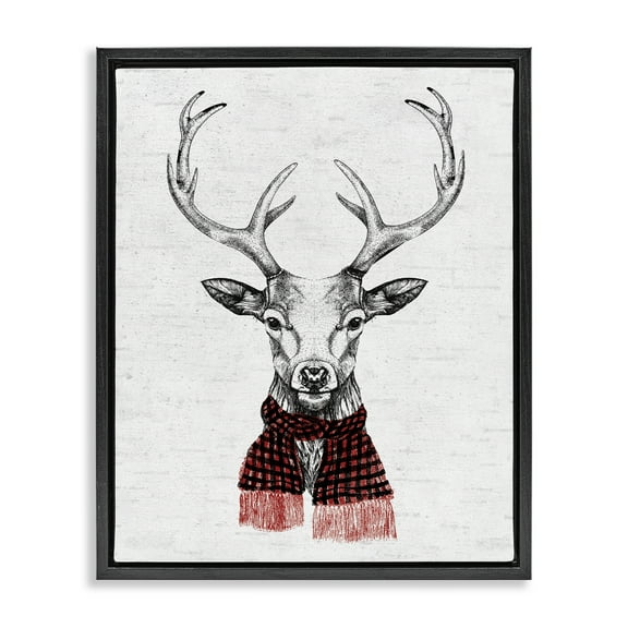 Stupell Industries Holiday Deer with Scarf Animals & Insects Painting Black Floater Framed Canvas Art Print Wall Art, 17 x 21