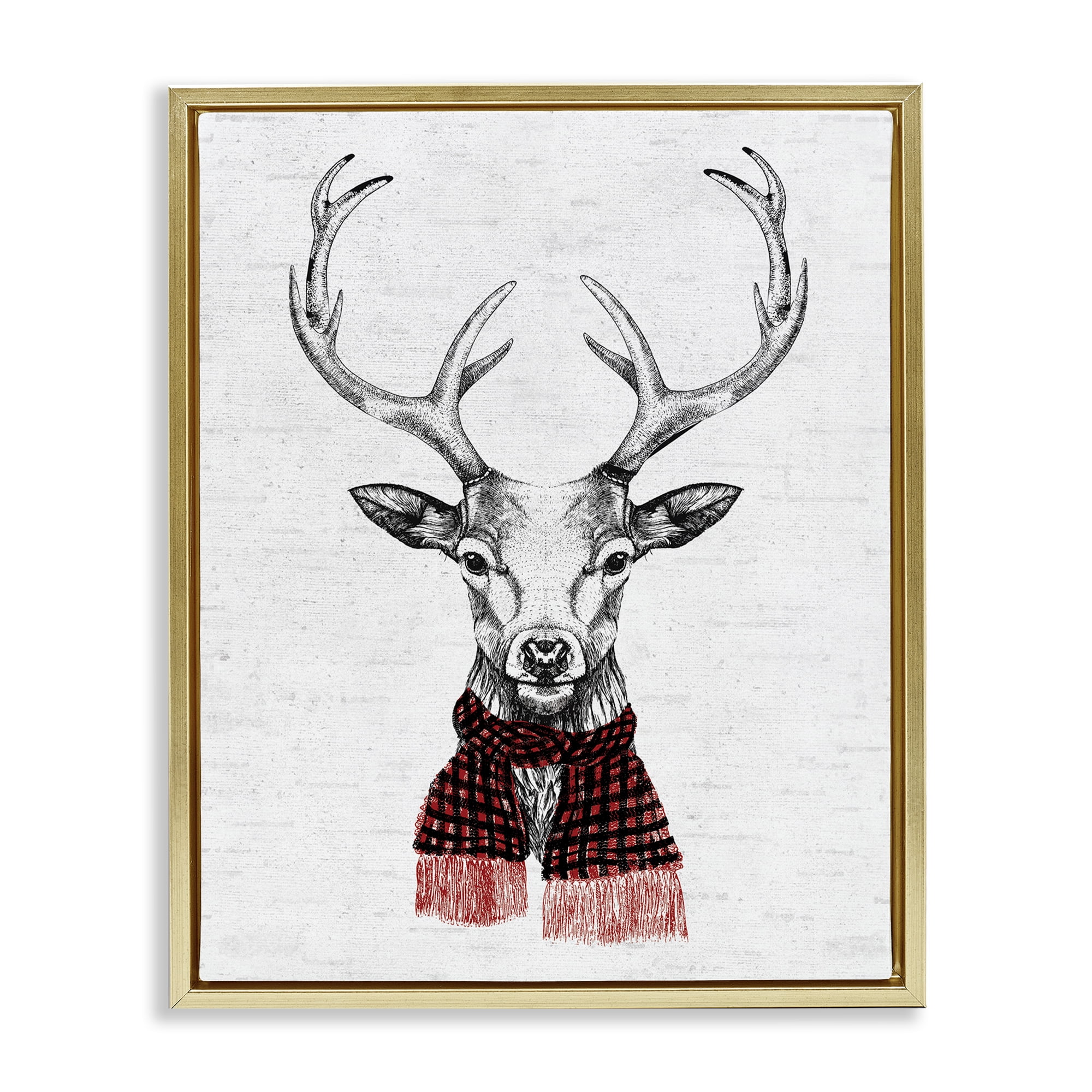 Stupell Industries Holiday Deer with Scarf Animals & Insects Painting Gold Floater Framed Canvas Art Print Wall Art, 25 x 31