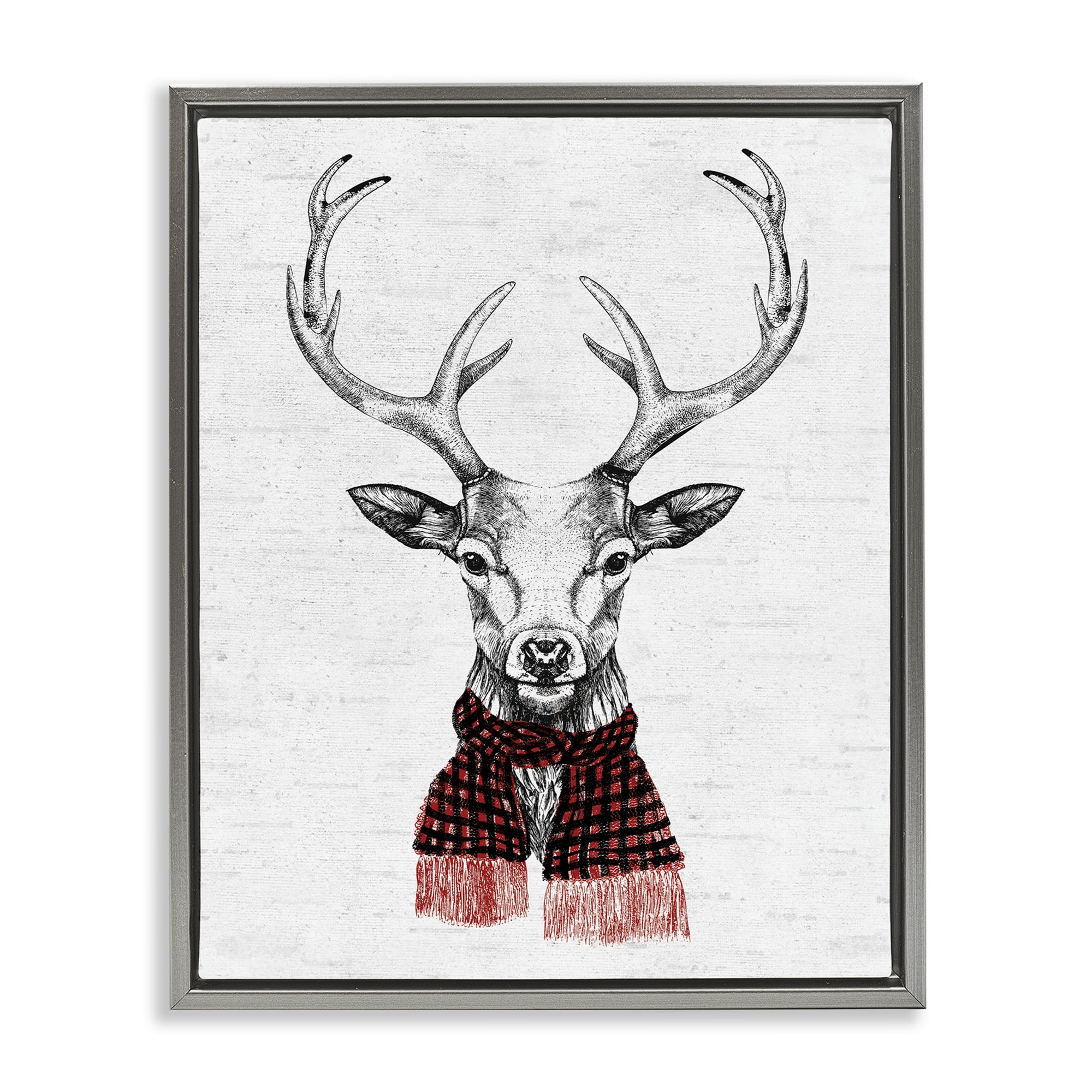 Stupell Industries Holiday Deer with Scarf Animals & Insects Painting Gray Floater Framed Canvas Art Print Wall Art, 17 x 21