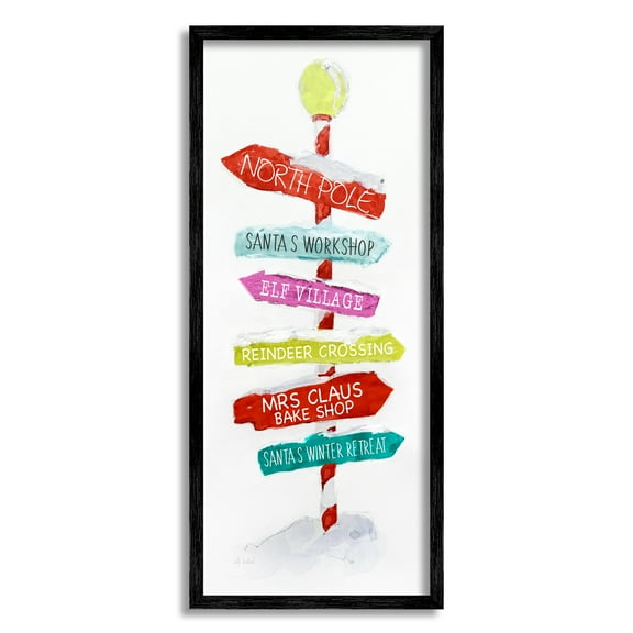 Stupell Industries Holiday Directional Sign Holiday Painting Black Framed Art Print Wall Art, 10 x 24