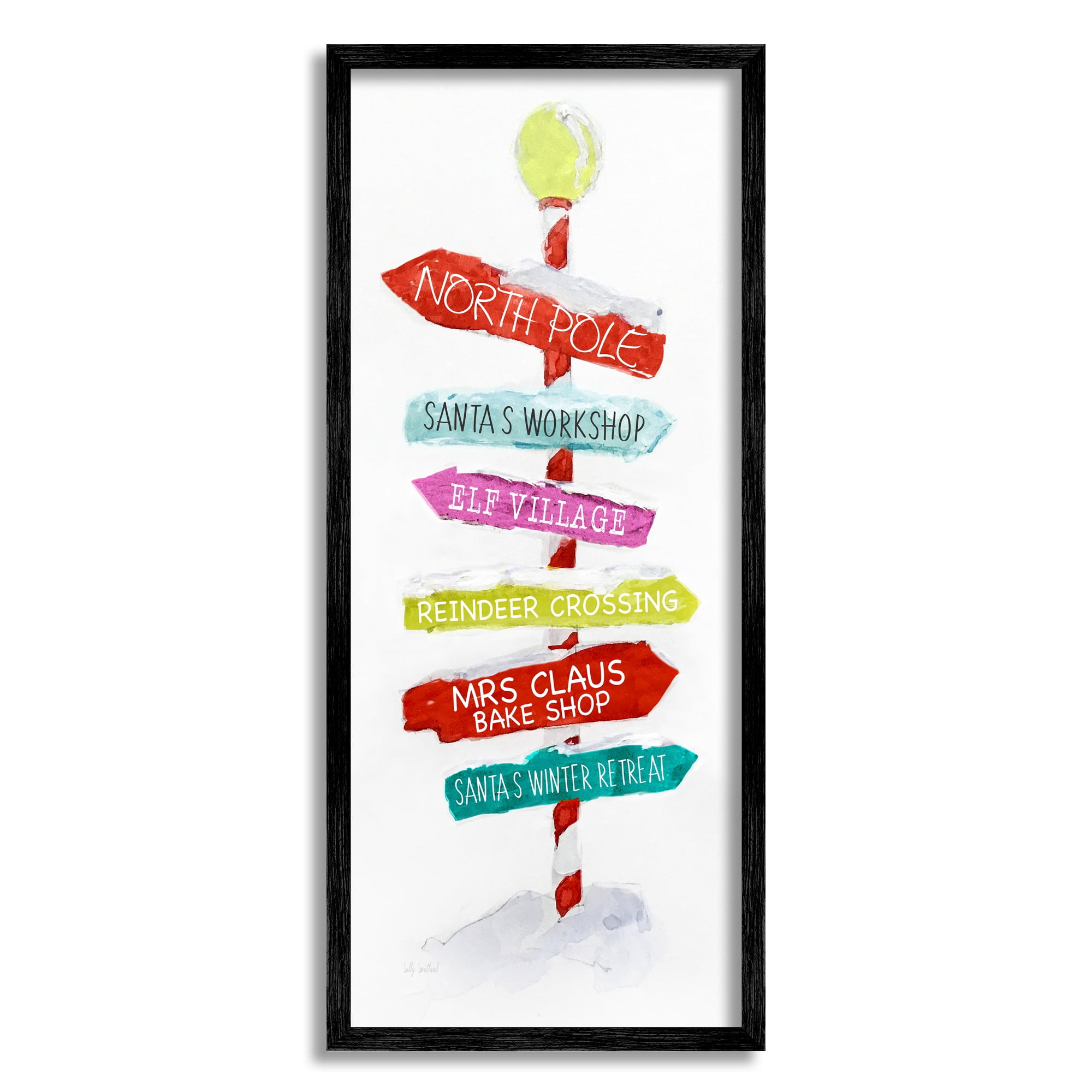 Stupell Industries Holiday Directional Sign Holiday Painting Black Framed Art Print Wall Art, 13 x 30